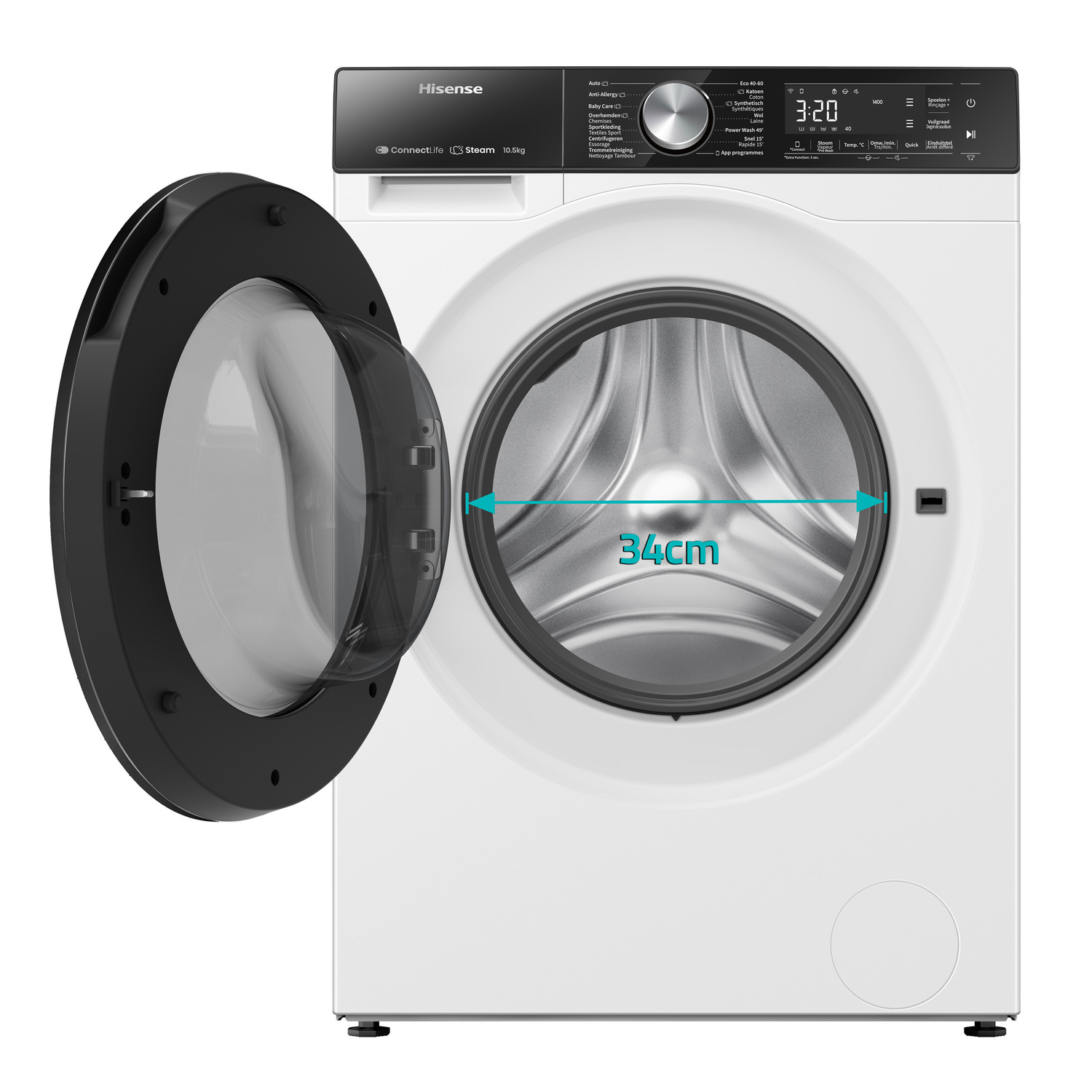 White washing machine with an open black door. A 34cm arrow is in the door.