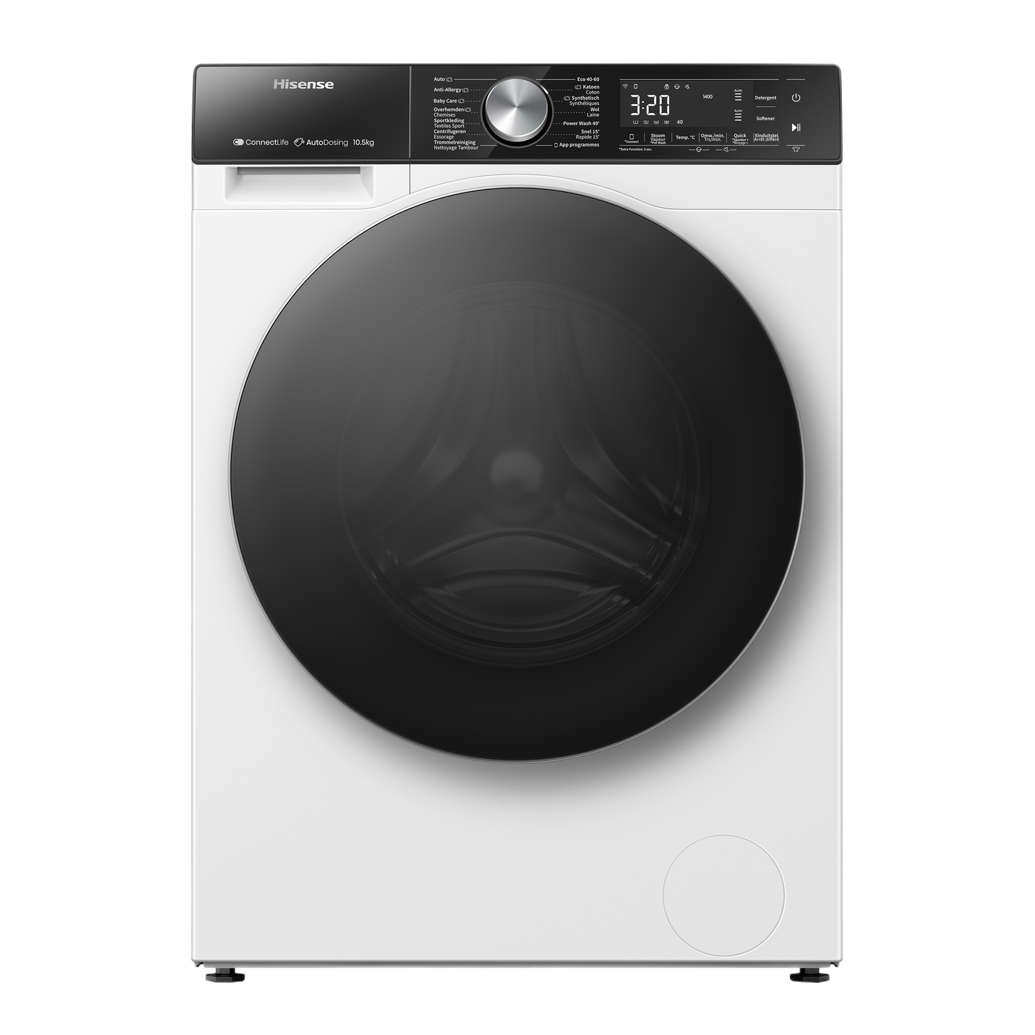 Lave-linge Hisense blanc avec porte et panneau de commande noirs. Fond blanc.