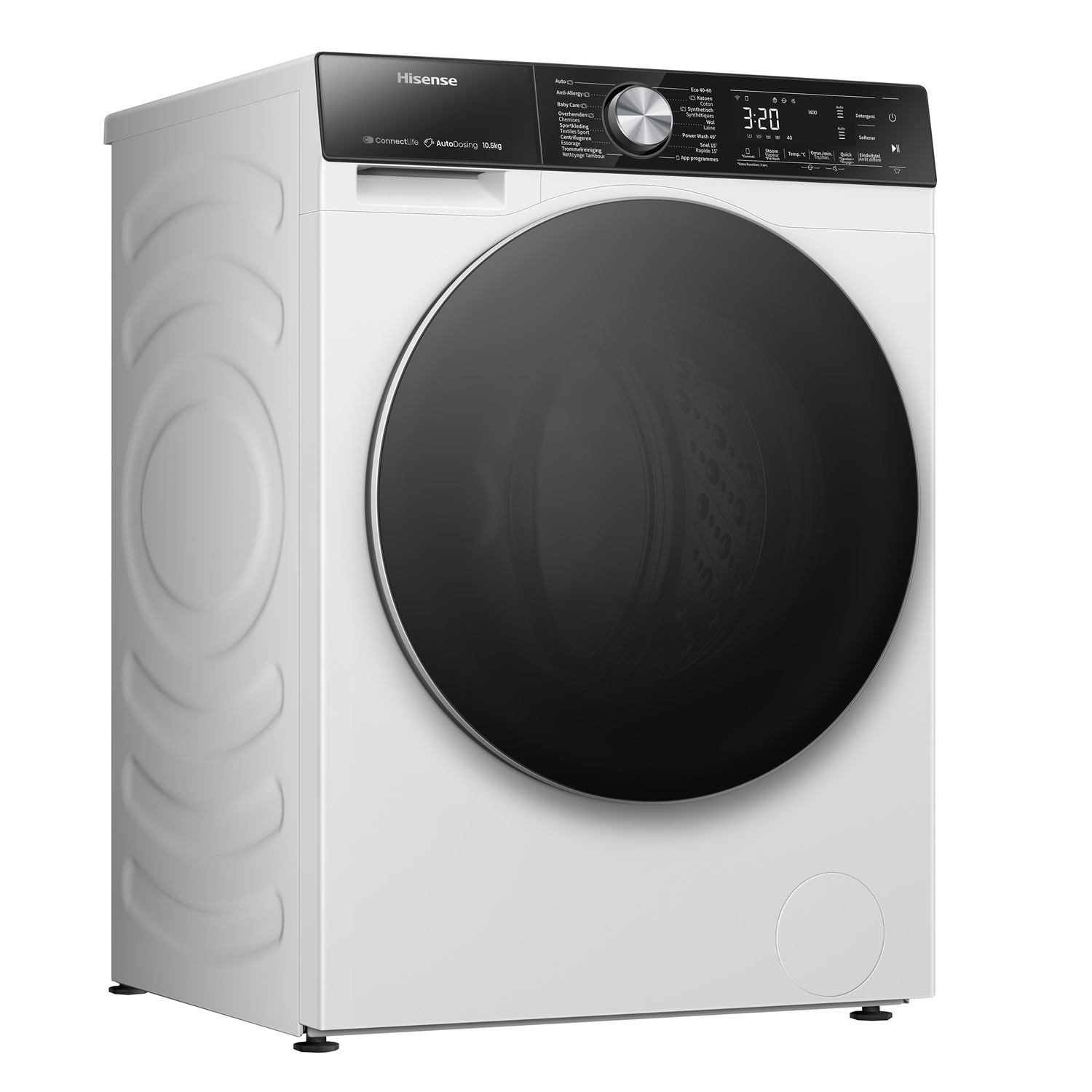 Un lave-linge blanc avec une porte noire, un panneau de commande et un logo Hisense.