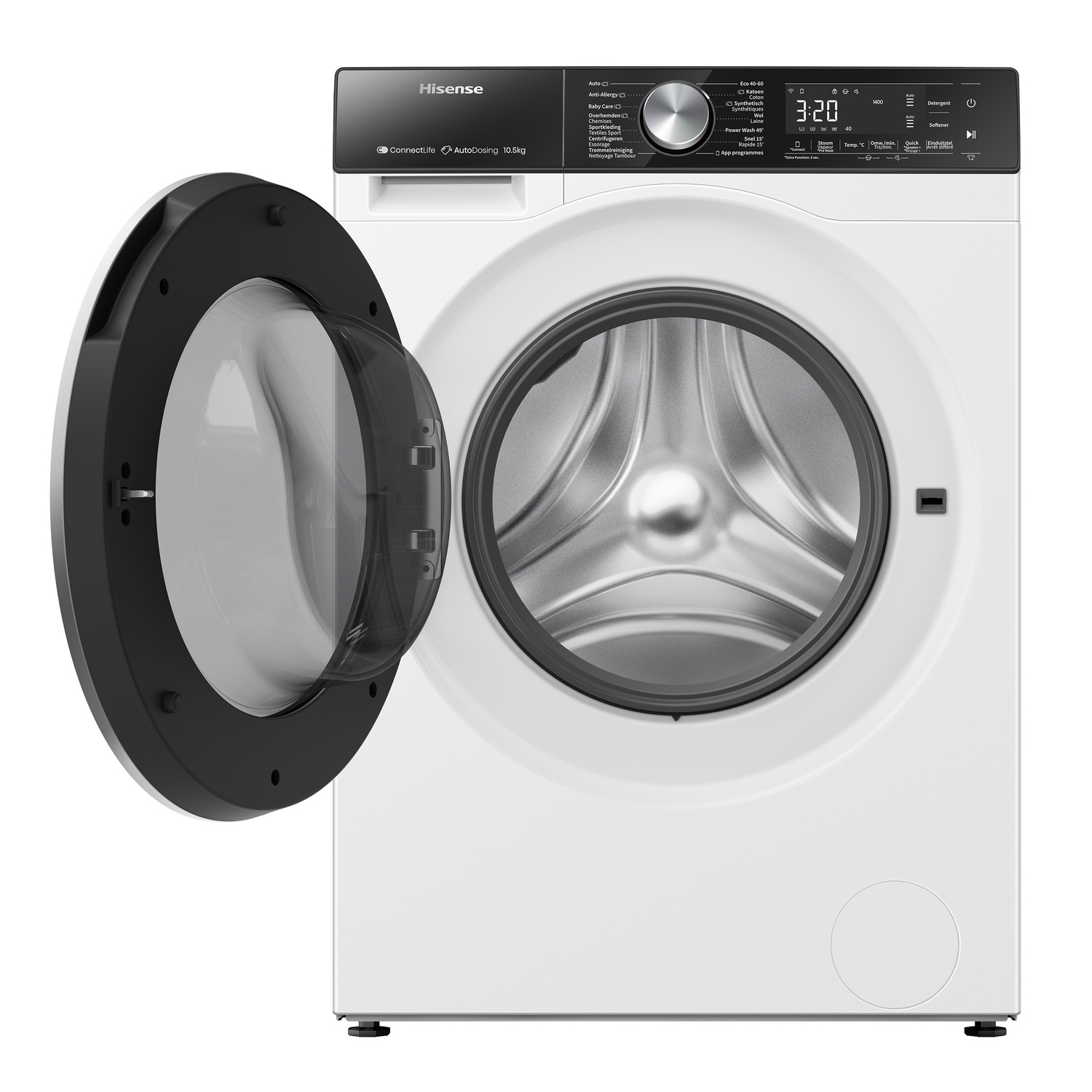 Un lave-linge Hisense avec la porte ouverte, montrant le tambour.