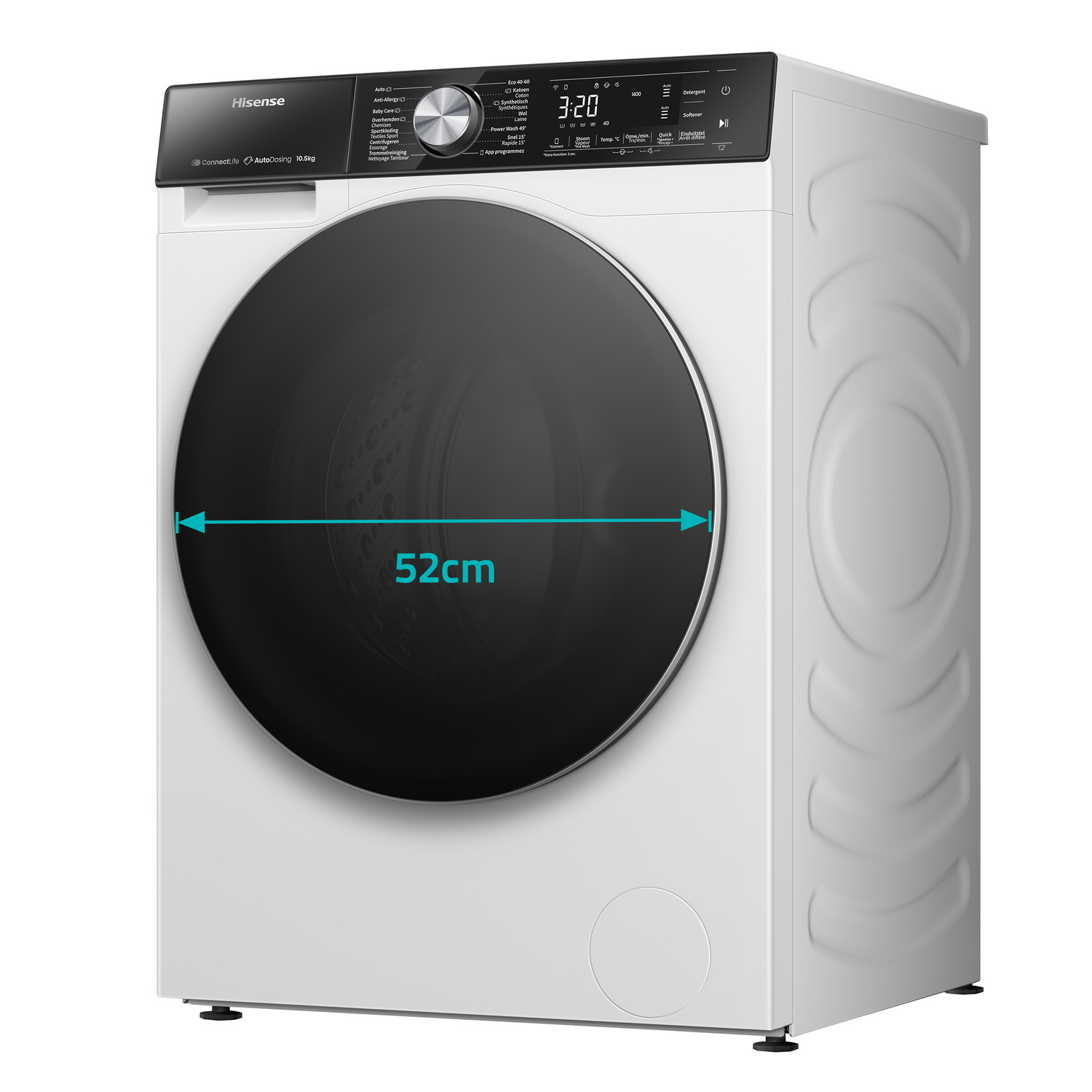 Machine à laver blanche avec une porte noire, une mesure de 52 cm est affichée sur la porte.