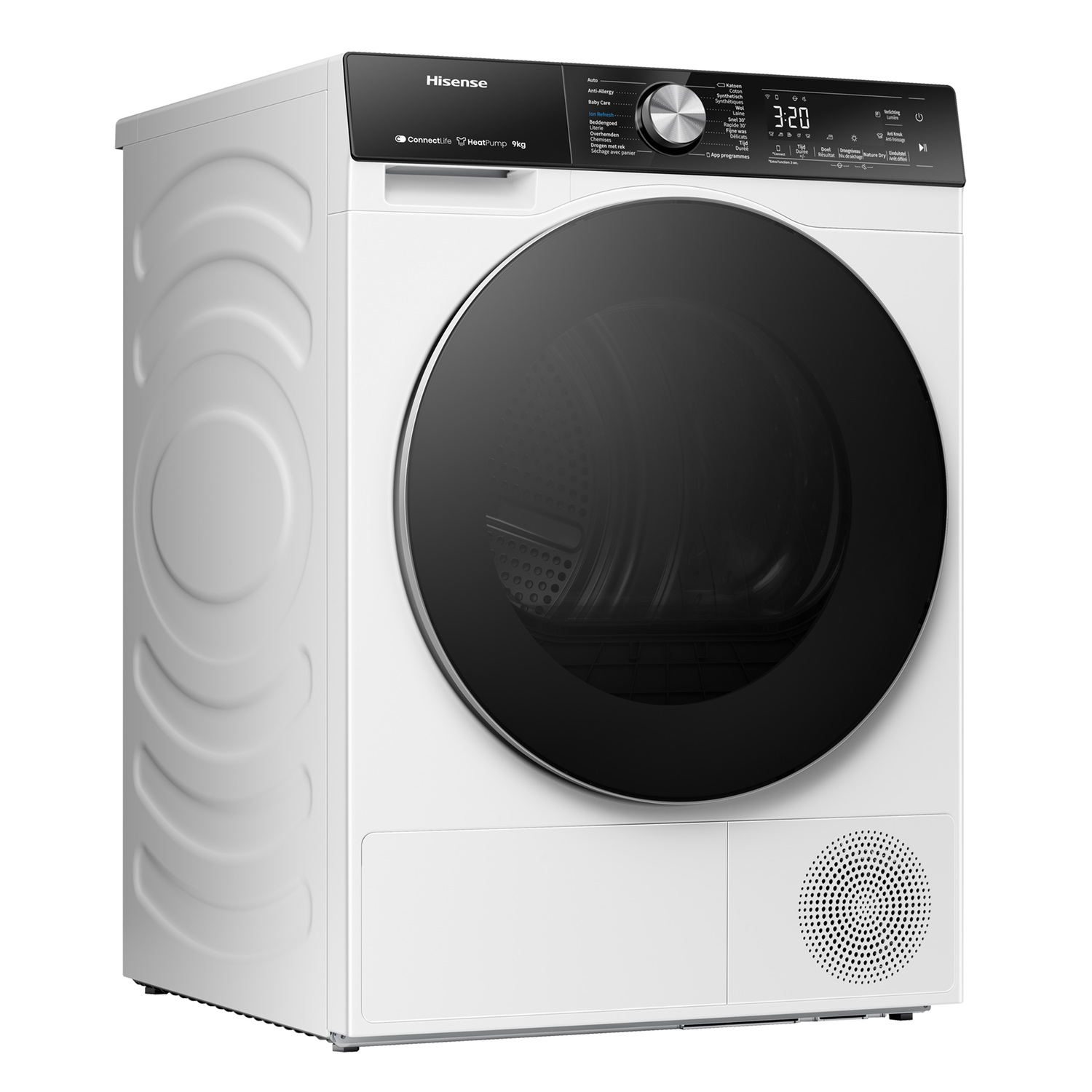 White dryer with a black door and digital display. The dryer has a modern design.