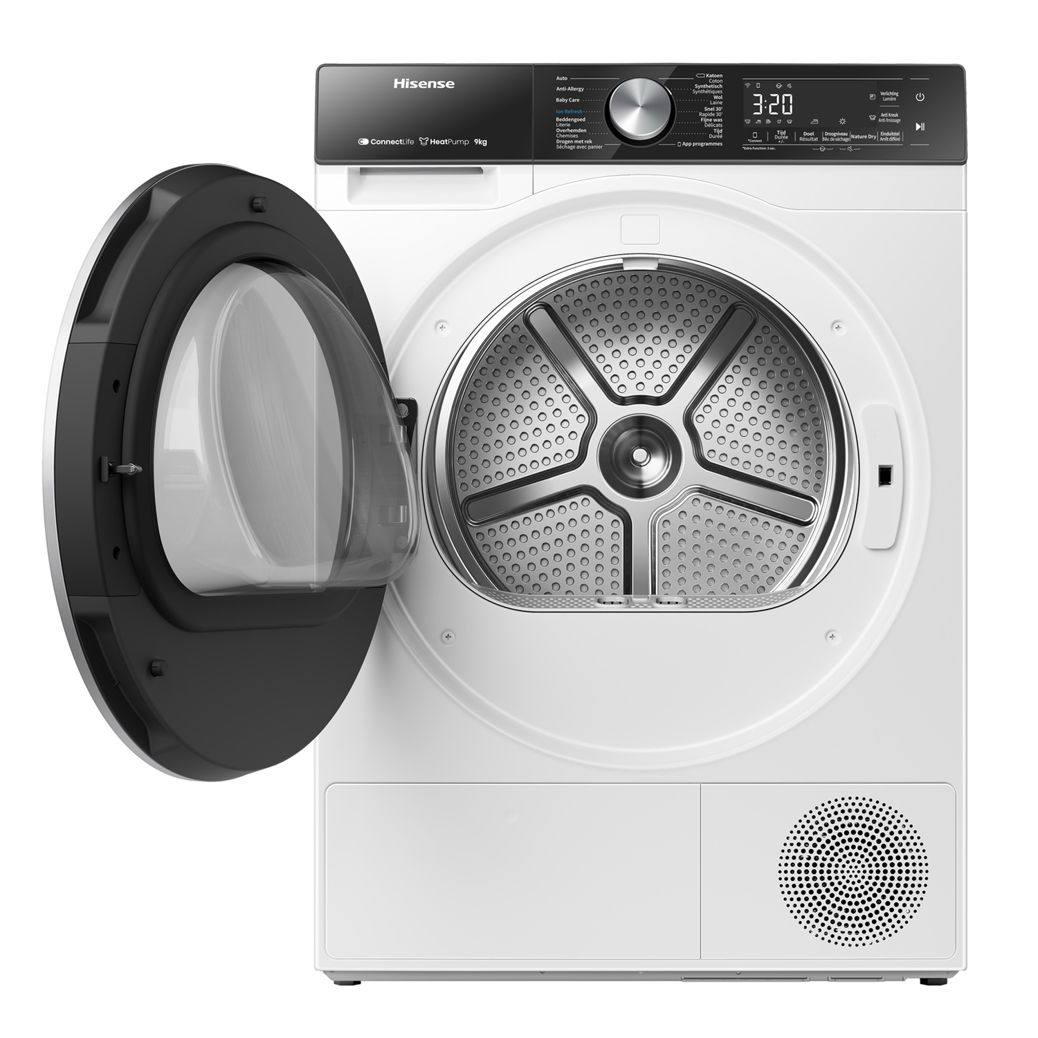 A white Hisense dryer with an open black door. The interior drum is visible. The control panel is on top.