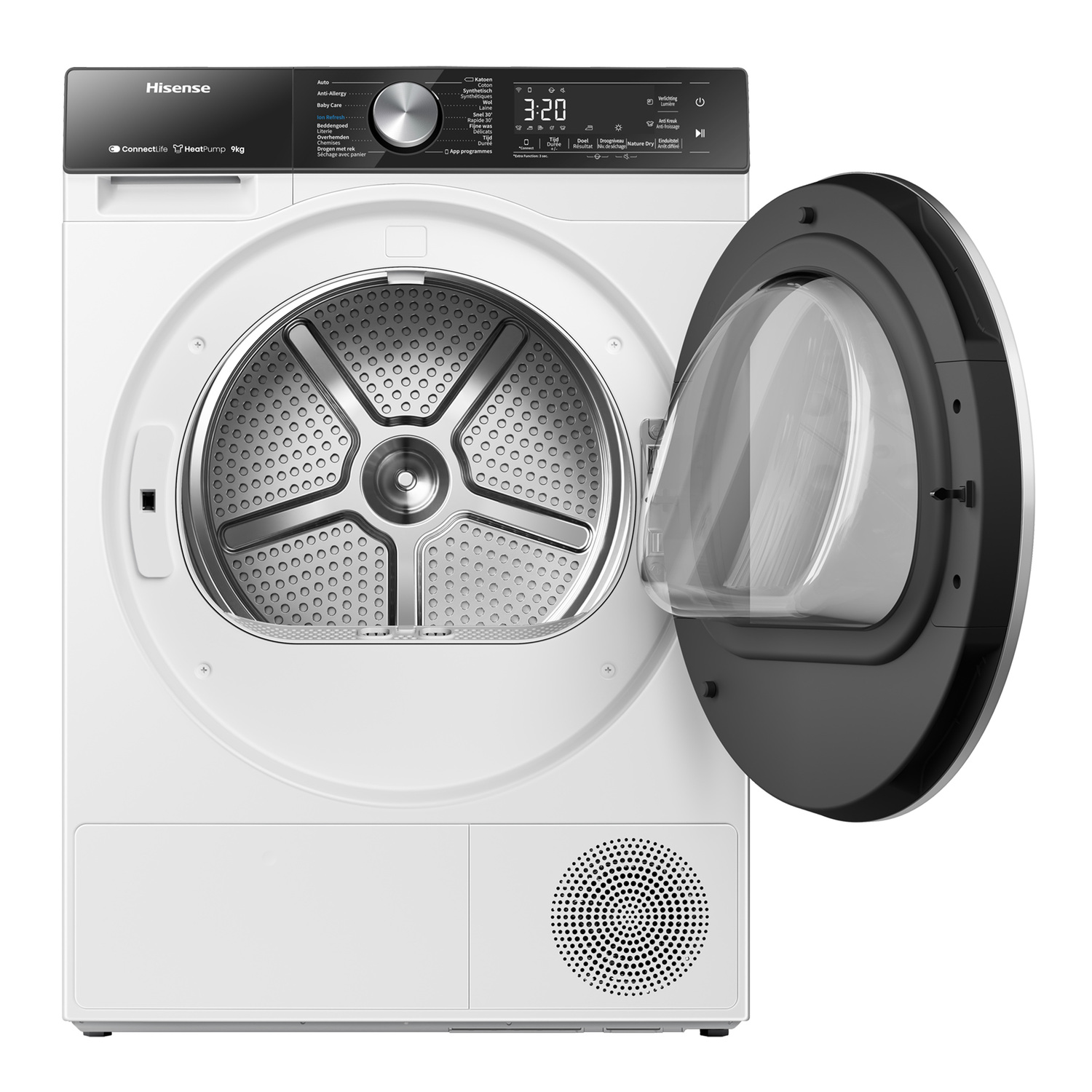 A white dryer with a door open. The door is black.