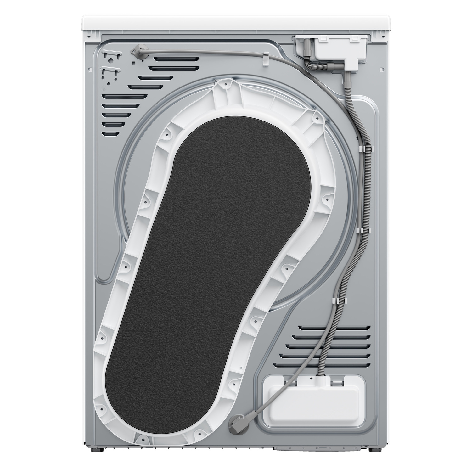 The back of a white washing machine with a grey cord, white frame, and black panel.