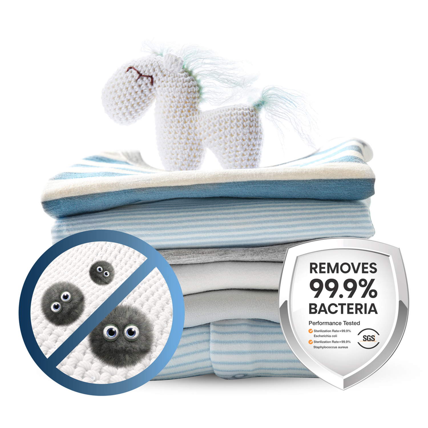 A stack of clothes with a toy horse on top and a sign showing bacteria removal.