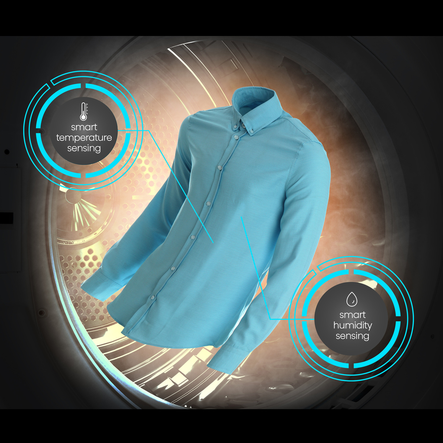 A blue shirt inside a washing machine with temperature and humidity sensing.