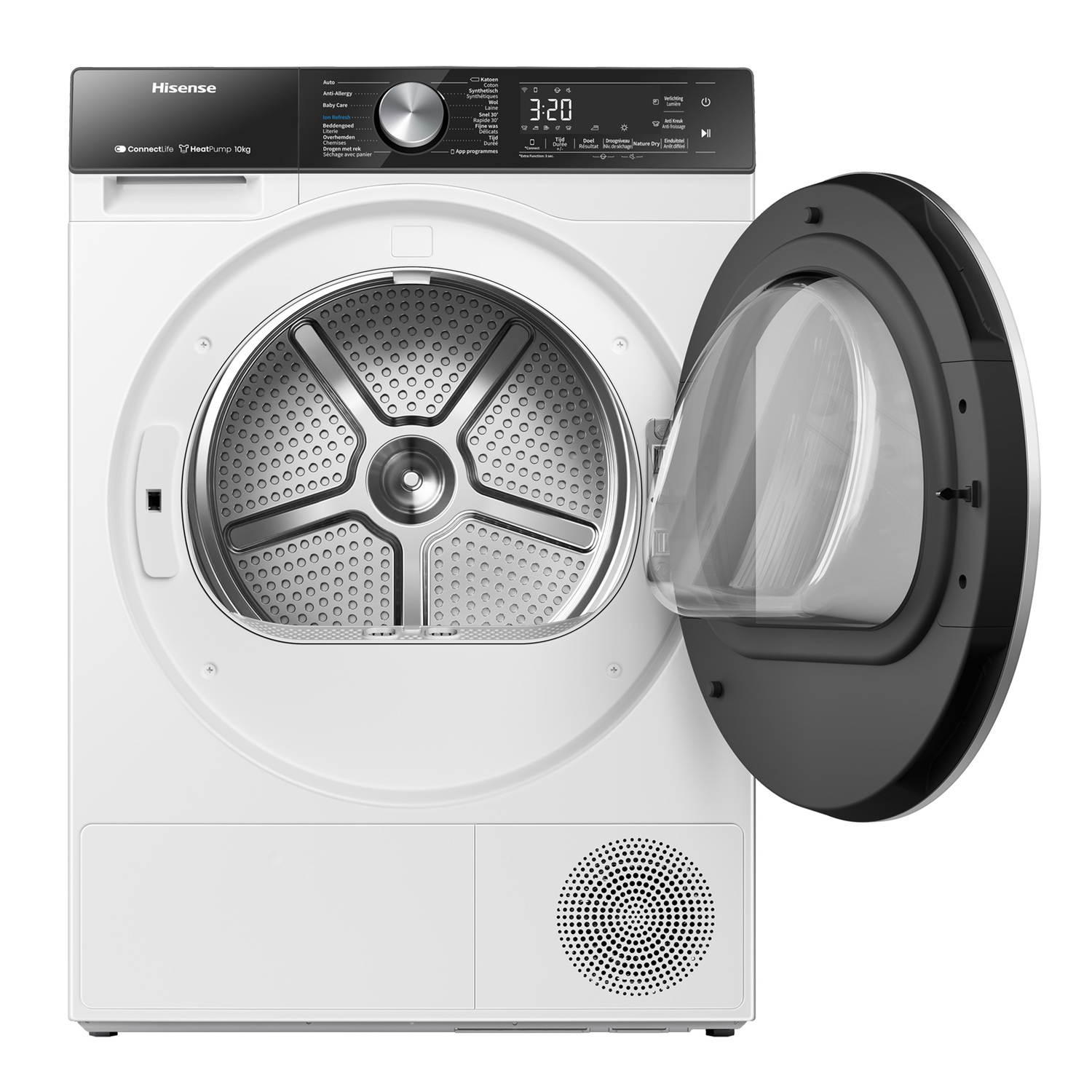 White Hisense dryer with the door open. Interior drum is visible. White background.