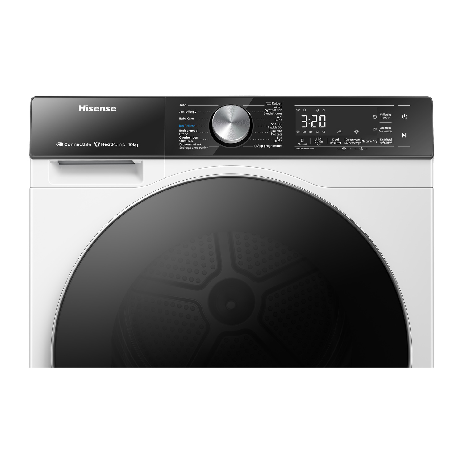 Close-up of a white Hisense dryer with a black circular door. Controls are at the top.
