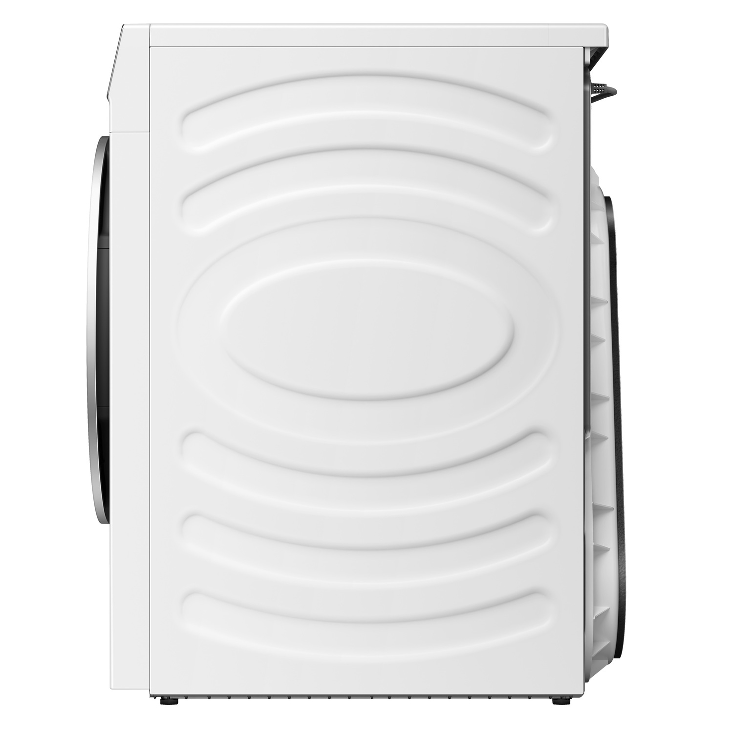Side view of a white washing machine with oval design details.