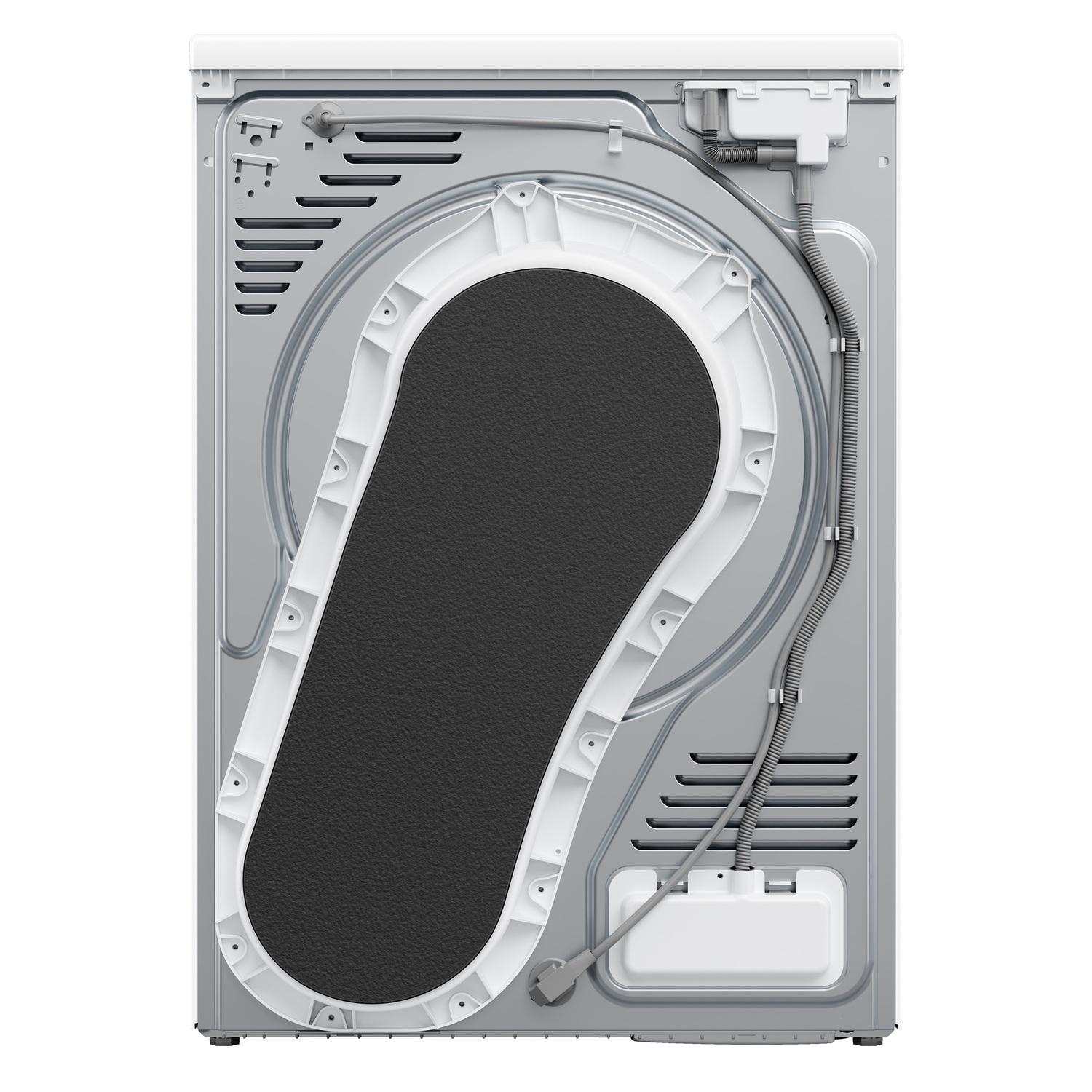 The back of a white and silver dryer, showing vents and a black panel.