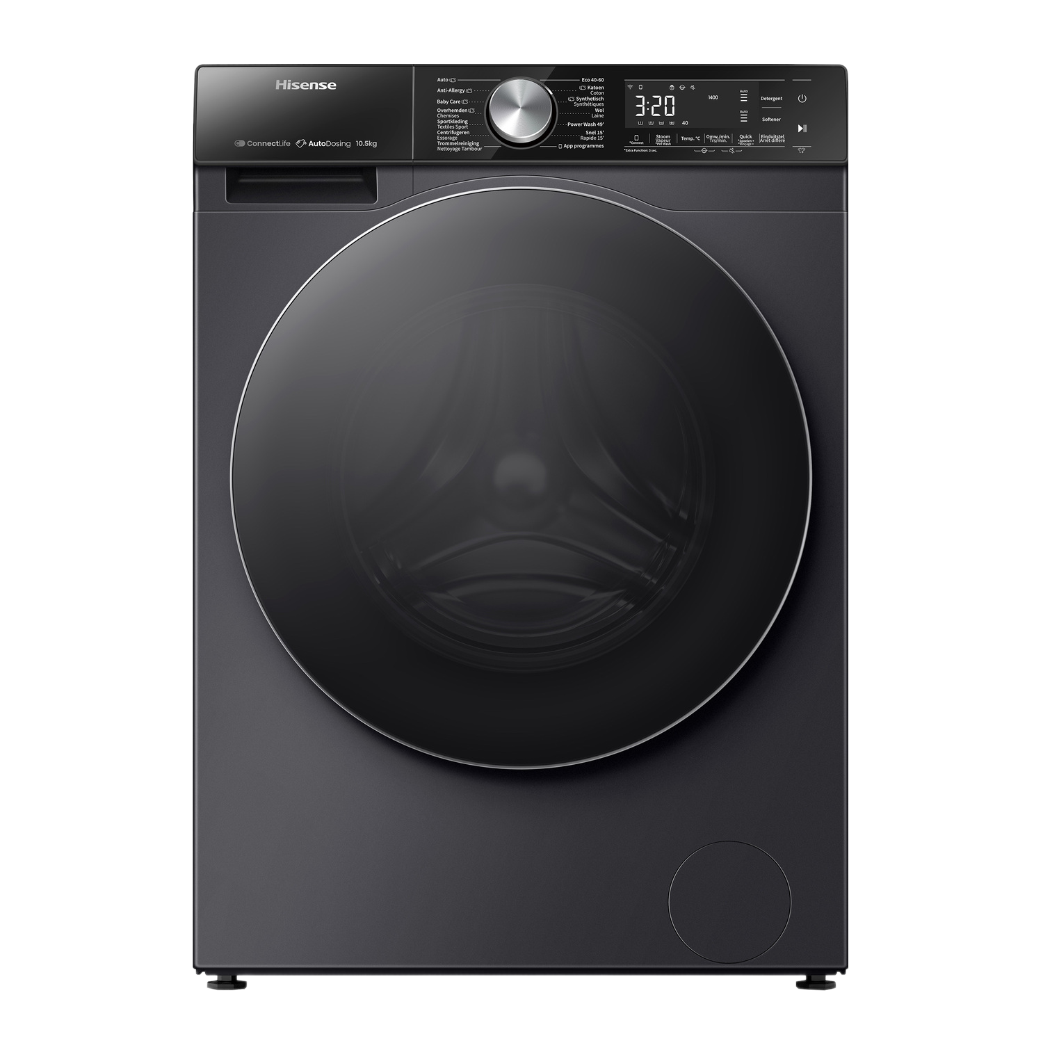 Un lave-linge Hisense noir avec porte noire et panneau de commande. Vue de dessus.