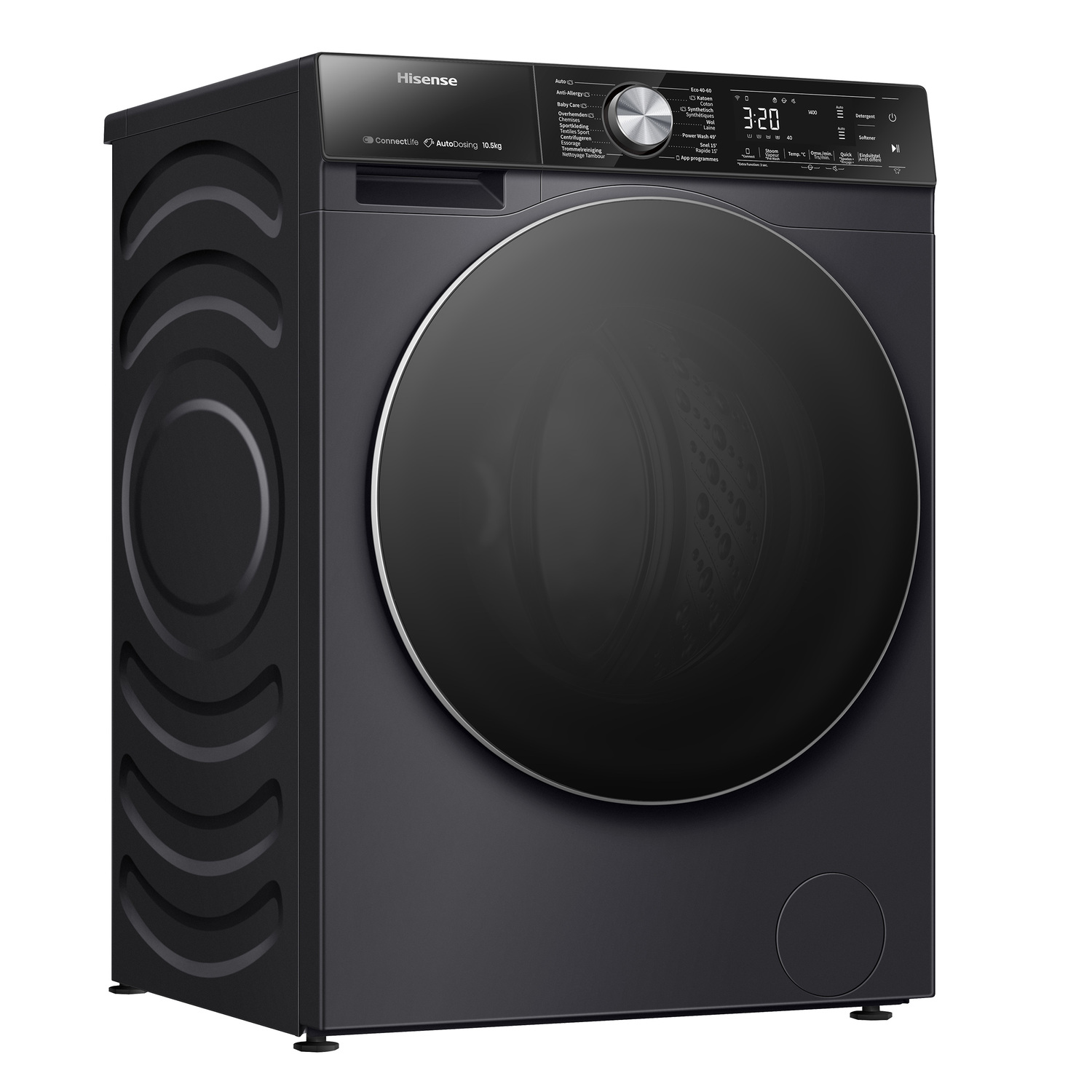 Black Hisense washing machine with a round, black door. Digital display, black color.