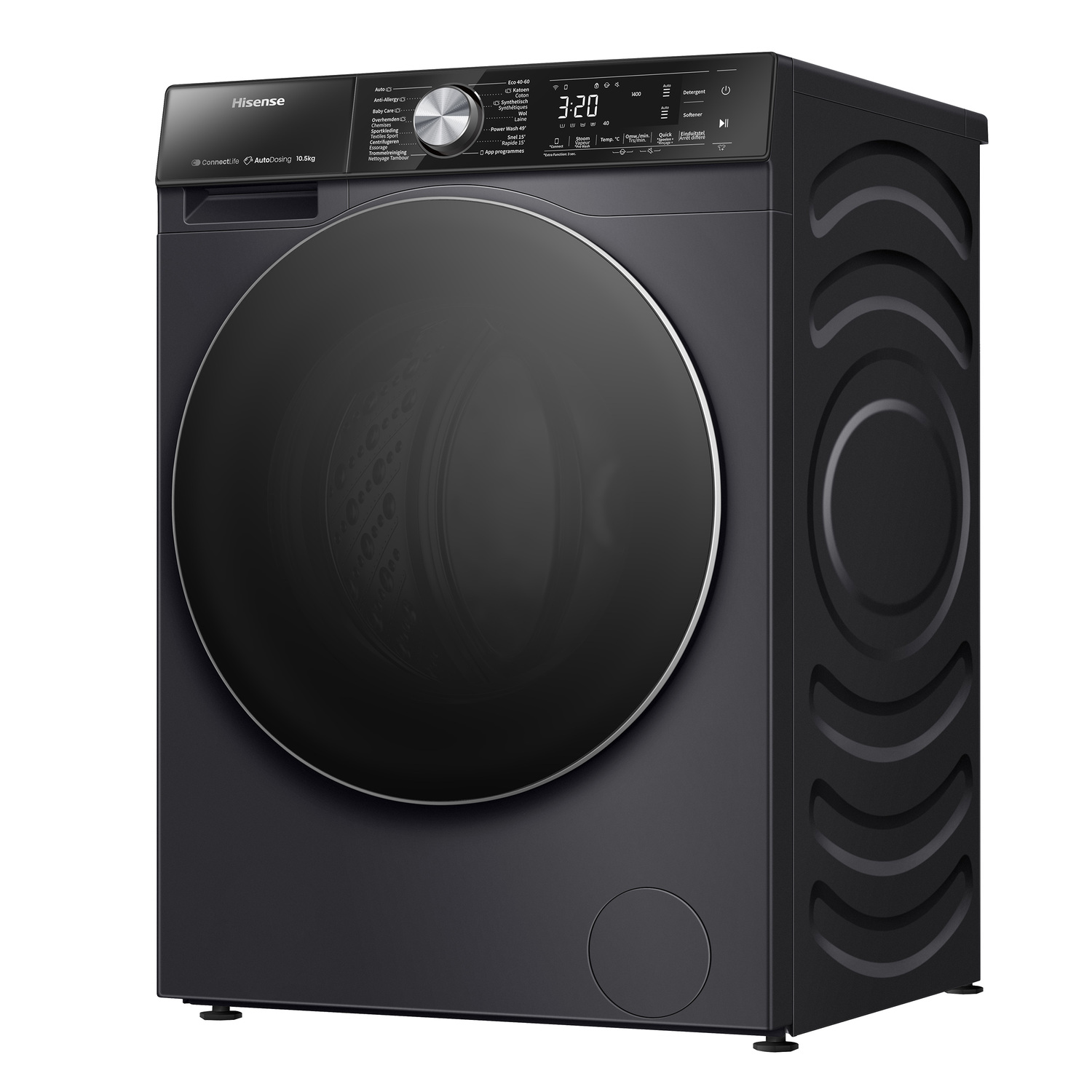 Black washing machine with a large door. It has a digital display and is labeled Hisense, 12.5 kg.
