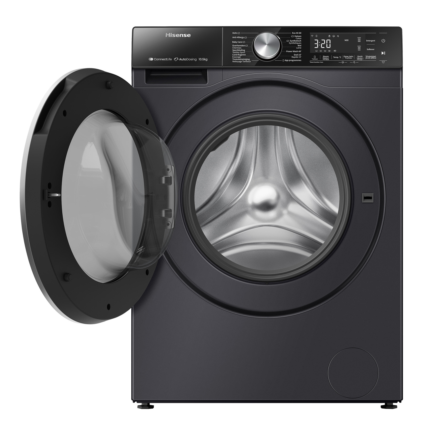 Black Hisense washing machine with open door, showing the interior.