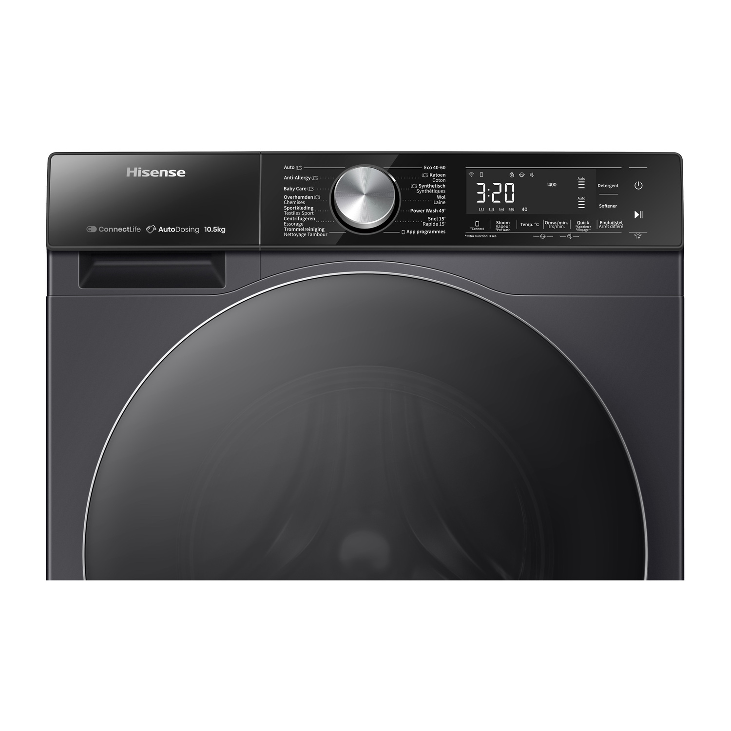 Black washing machine with a control panel, circular door, and digital display.