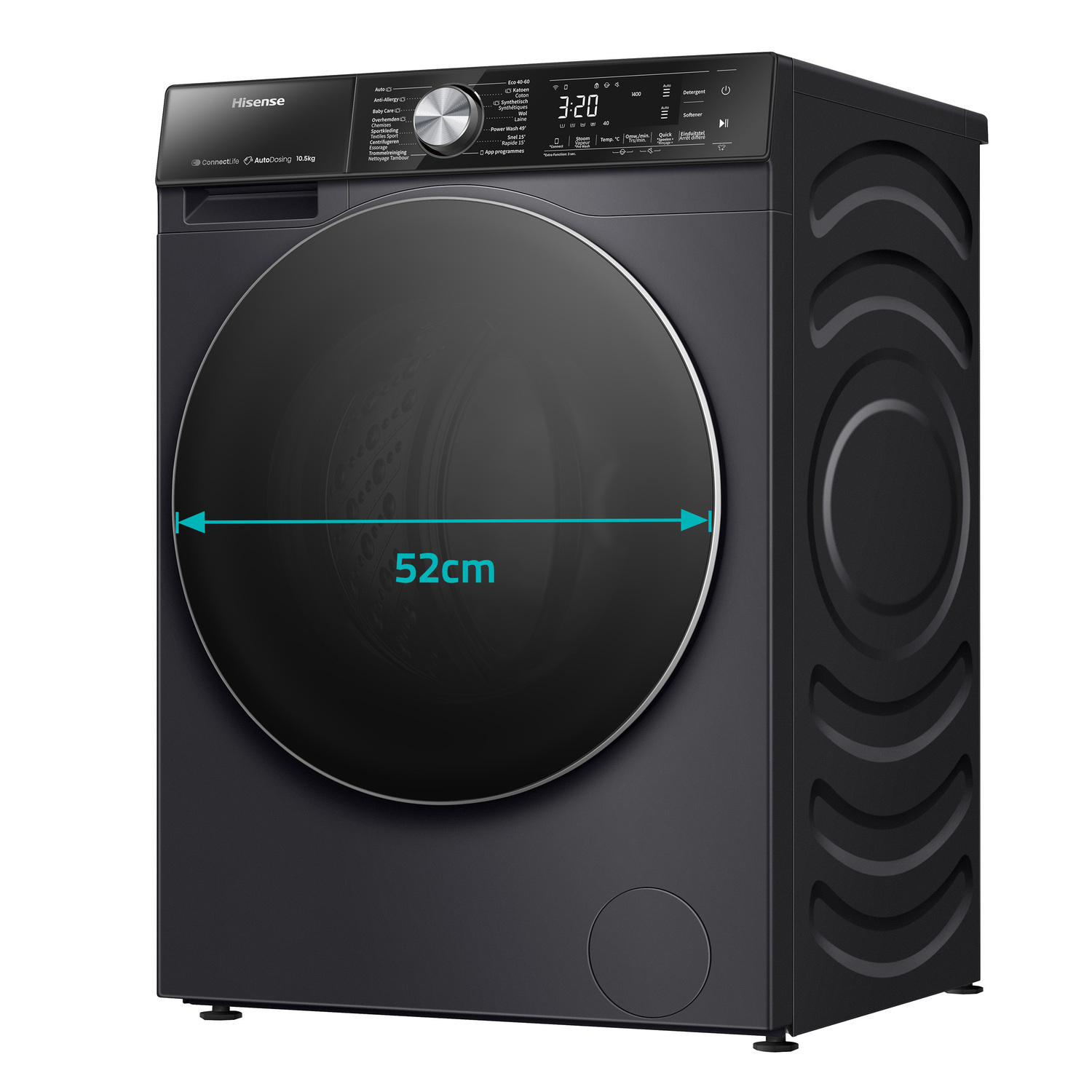 Black Hisense washing machine with a large door and control panel.