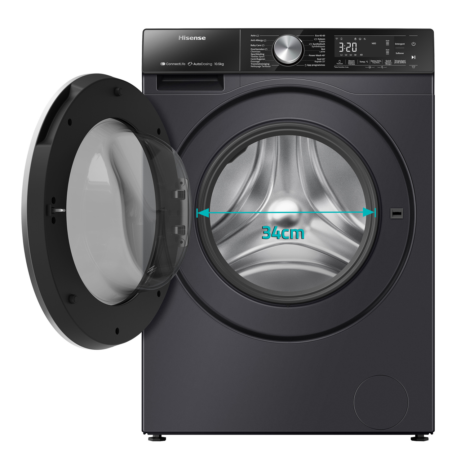Black Hisense washing machine with open door, showing drum. 34cm marking inside.