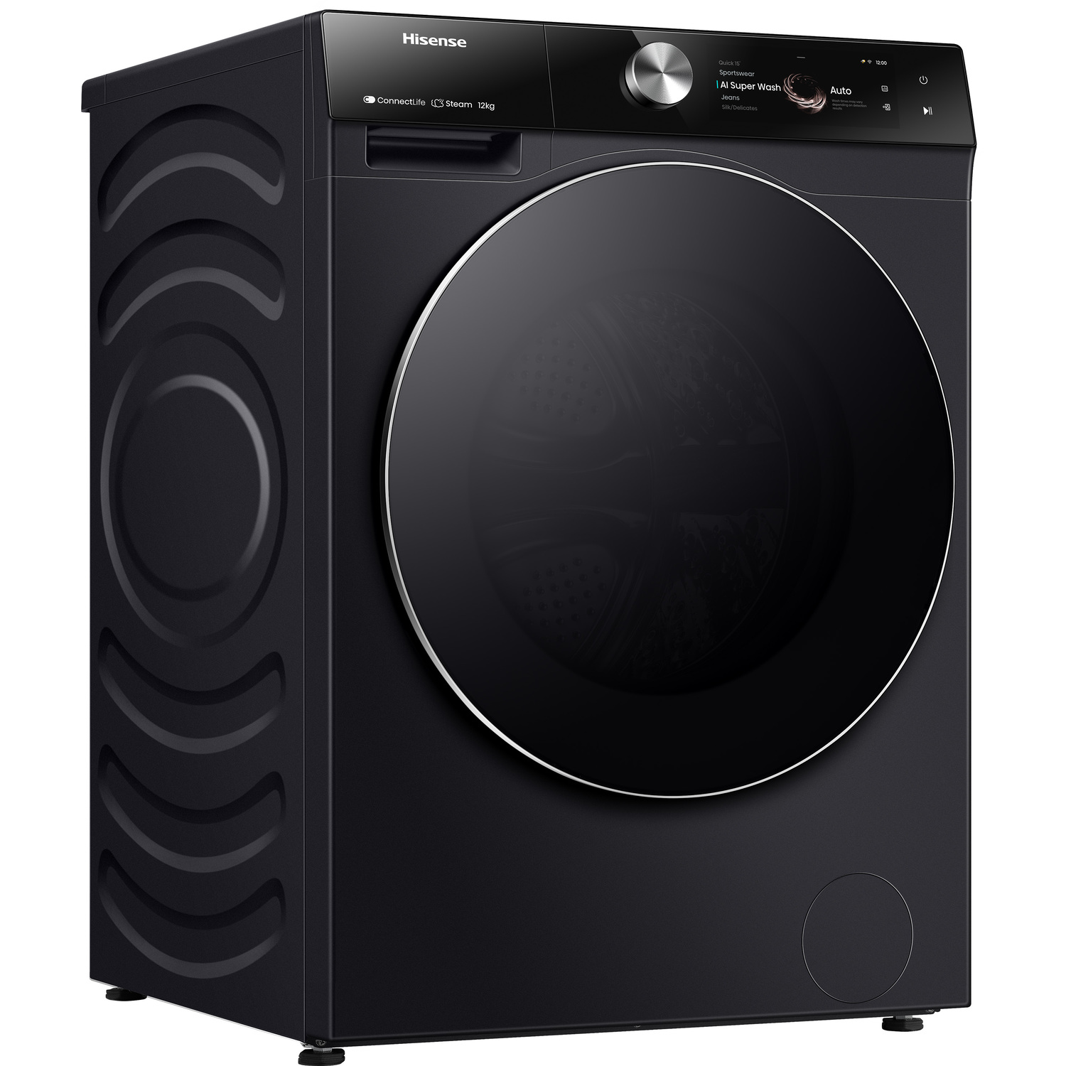 Zwarte wasmachine met een ronde deur.