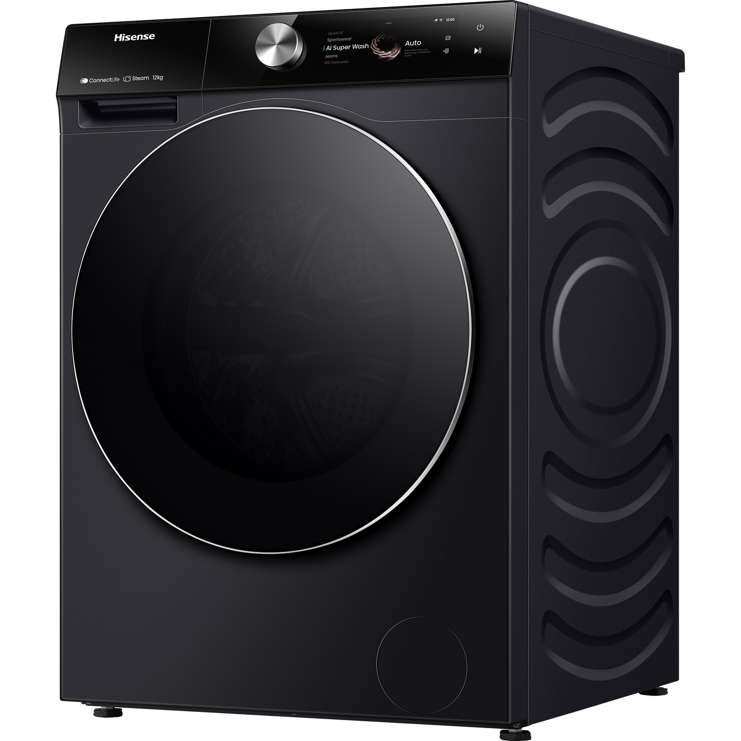 Zwarte wasmachine met een ronde deur. De achtergrond is wit.
