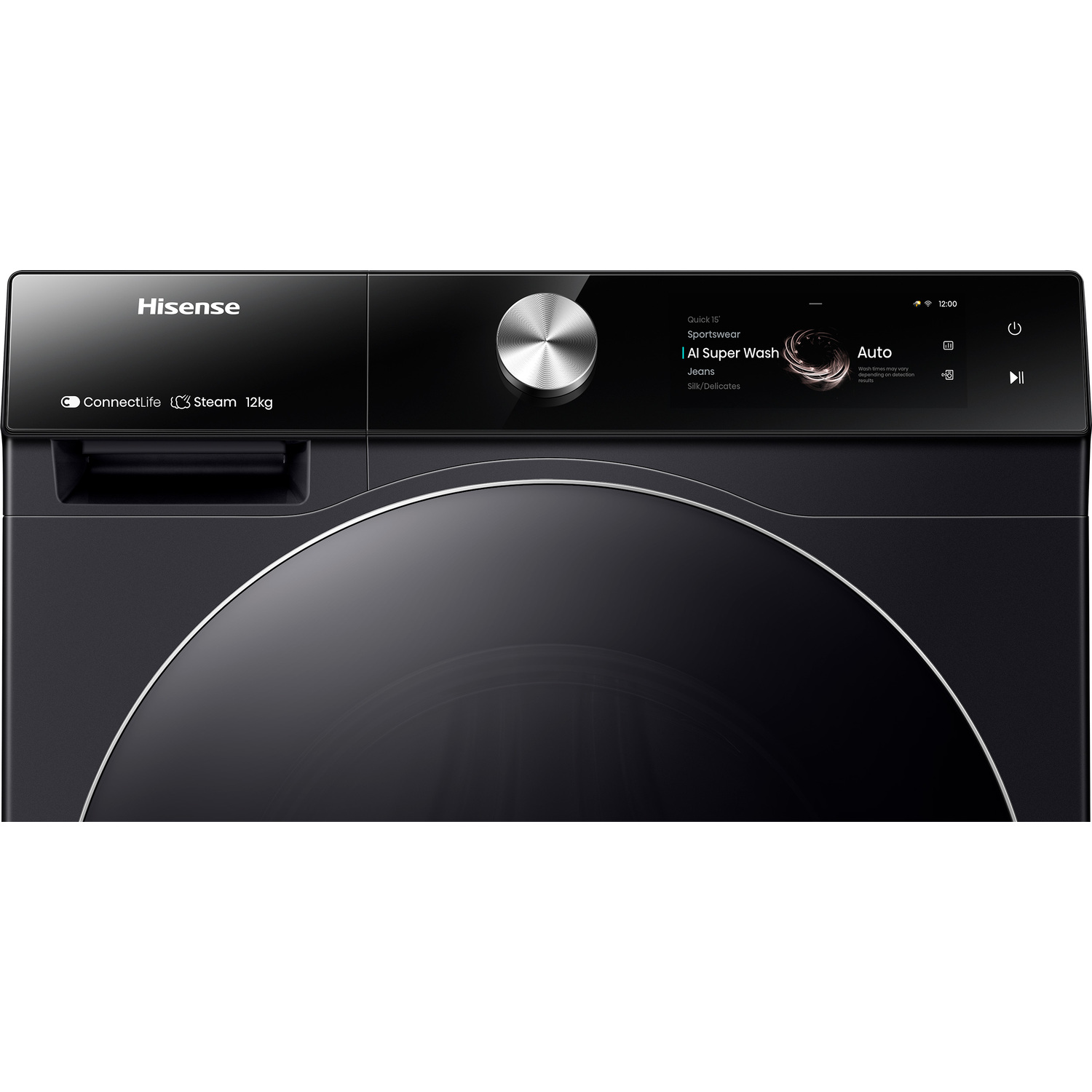Zwarte Hisense wasmachine, bedieningspaneel zichtbaar.