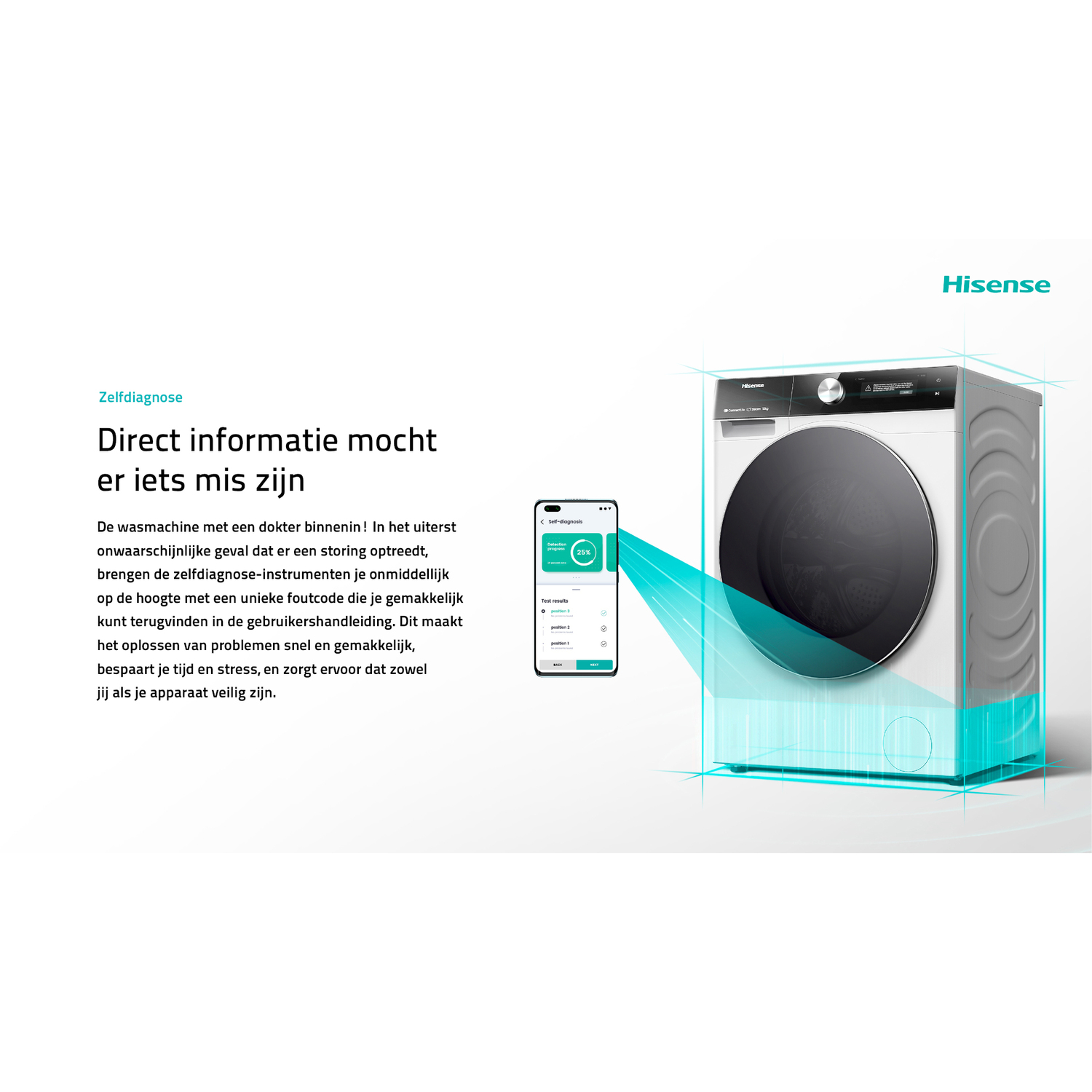 Wasmachine met een mobiele app-scherm met een diagnosecode en instructies.