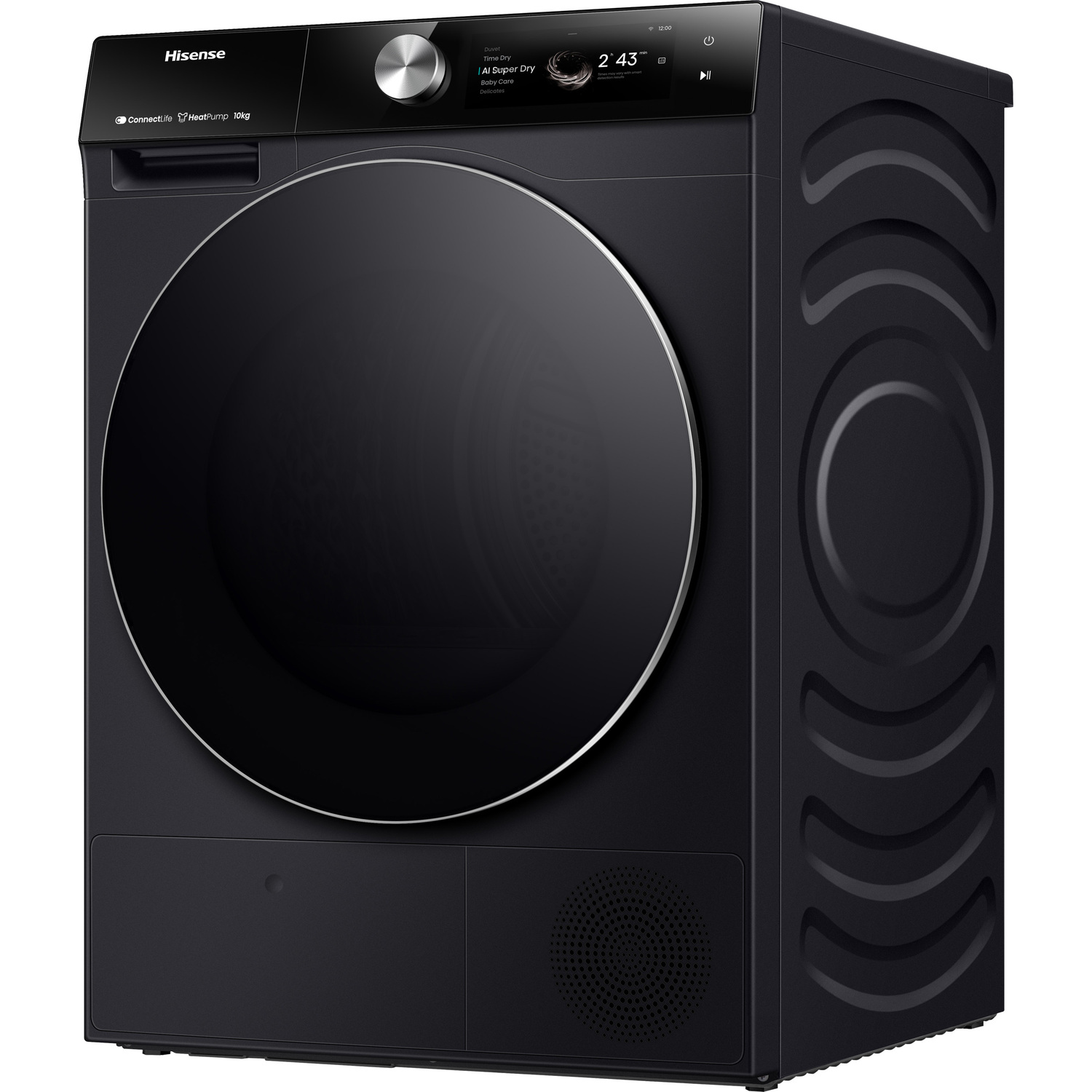 A Hisense black dryer with a large door and digital display. The design is modern and sleek.