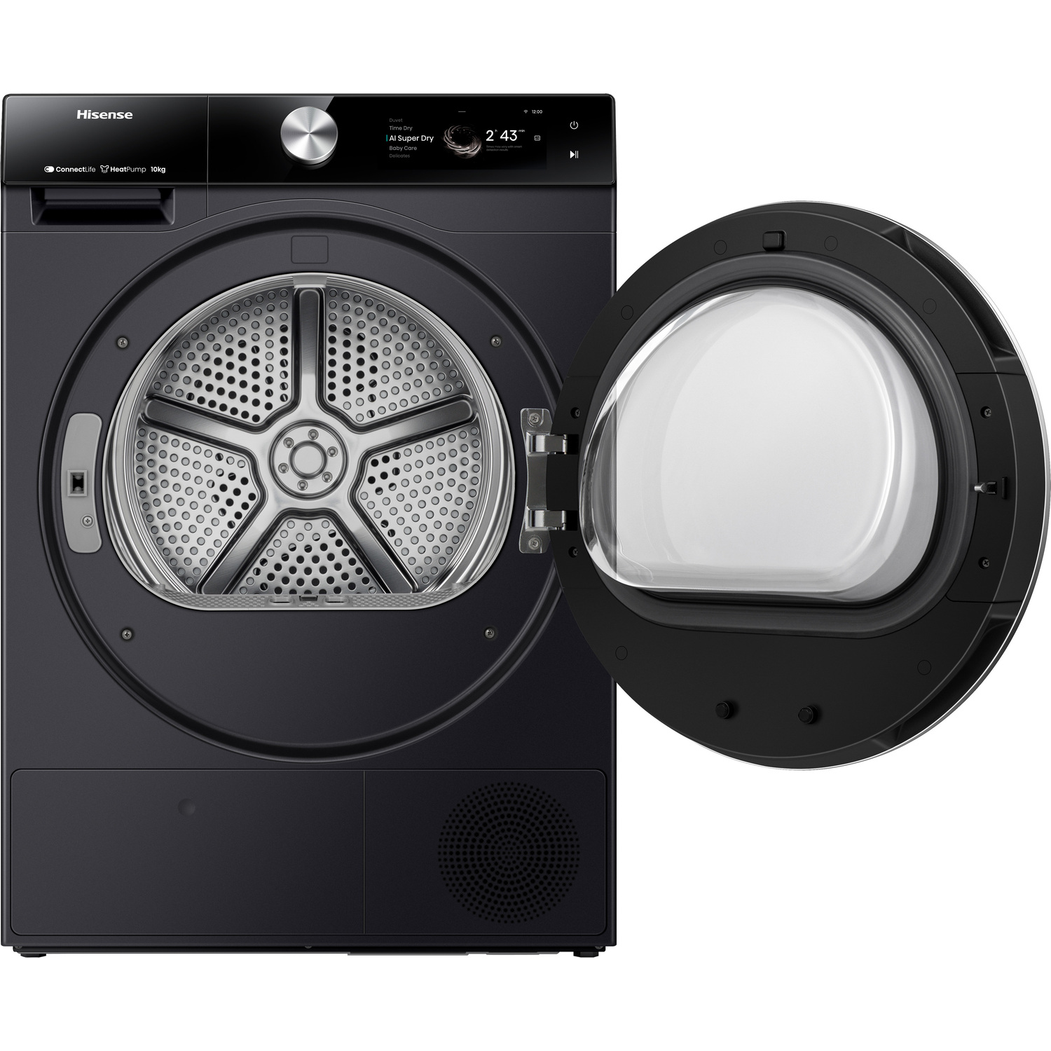 Black Hisense dryer with open door, showing the drum. Screen displays time. Black background.