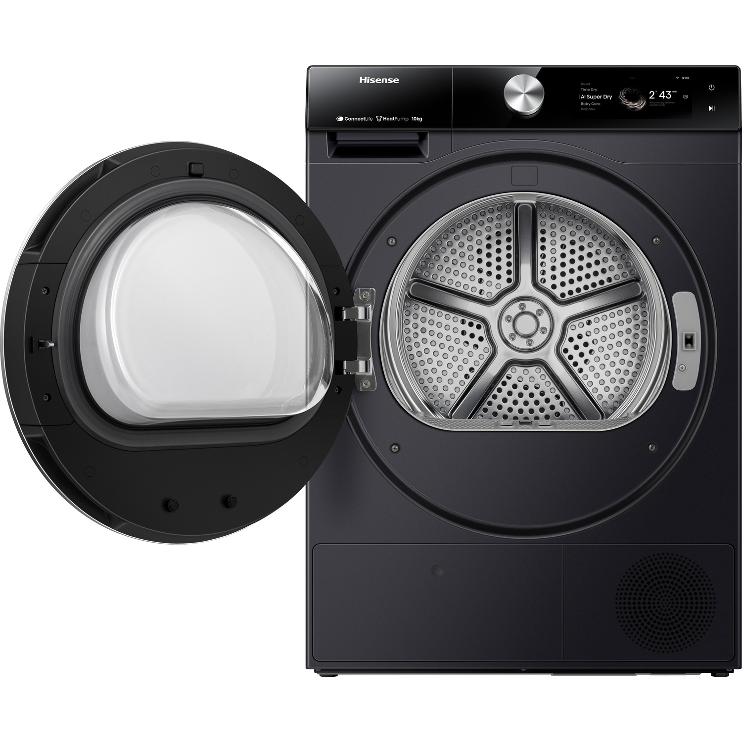 A black washing machine with the door open, showing the inside.