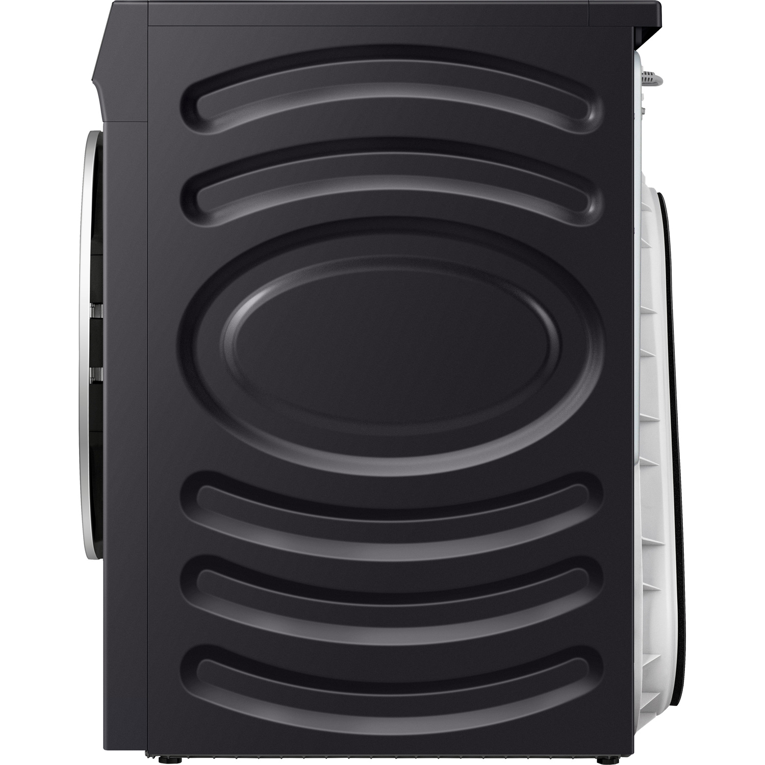Side view of a black and white dryer, showing the side with curved details and back.