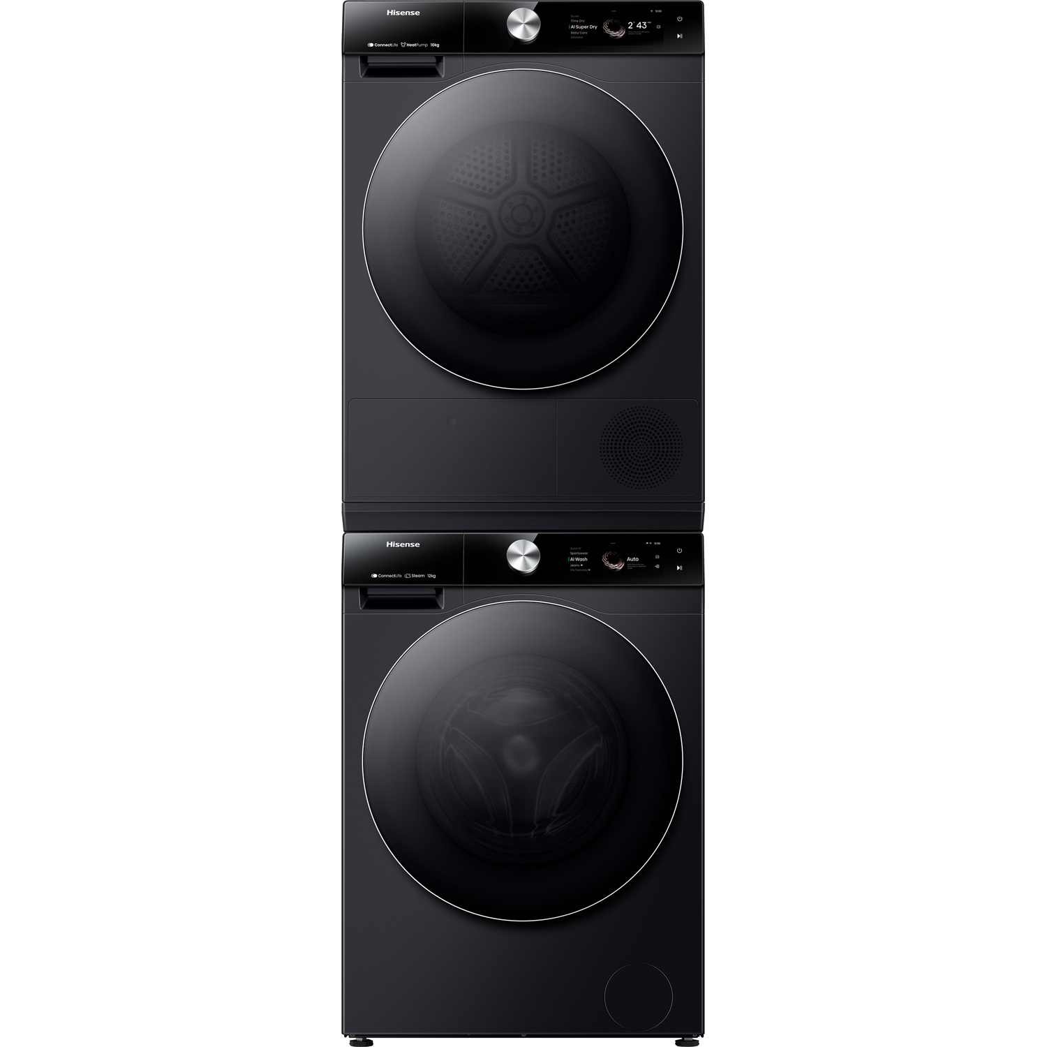 A stacked black Hisense washer and dryer. Each unit has a circular door and controls.