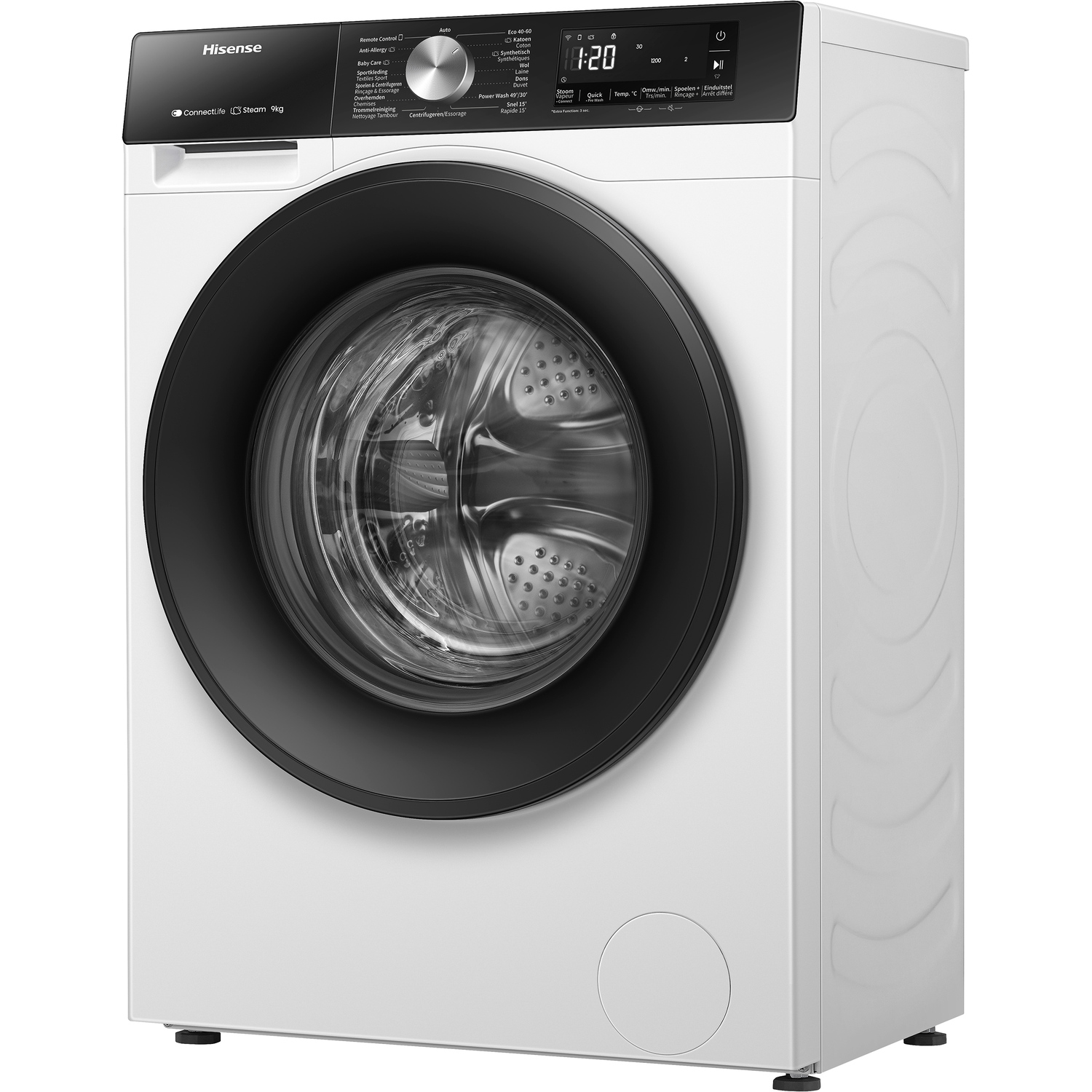 A white washing machine with a black door.