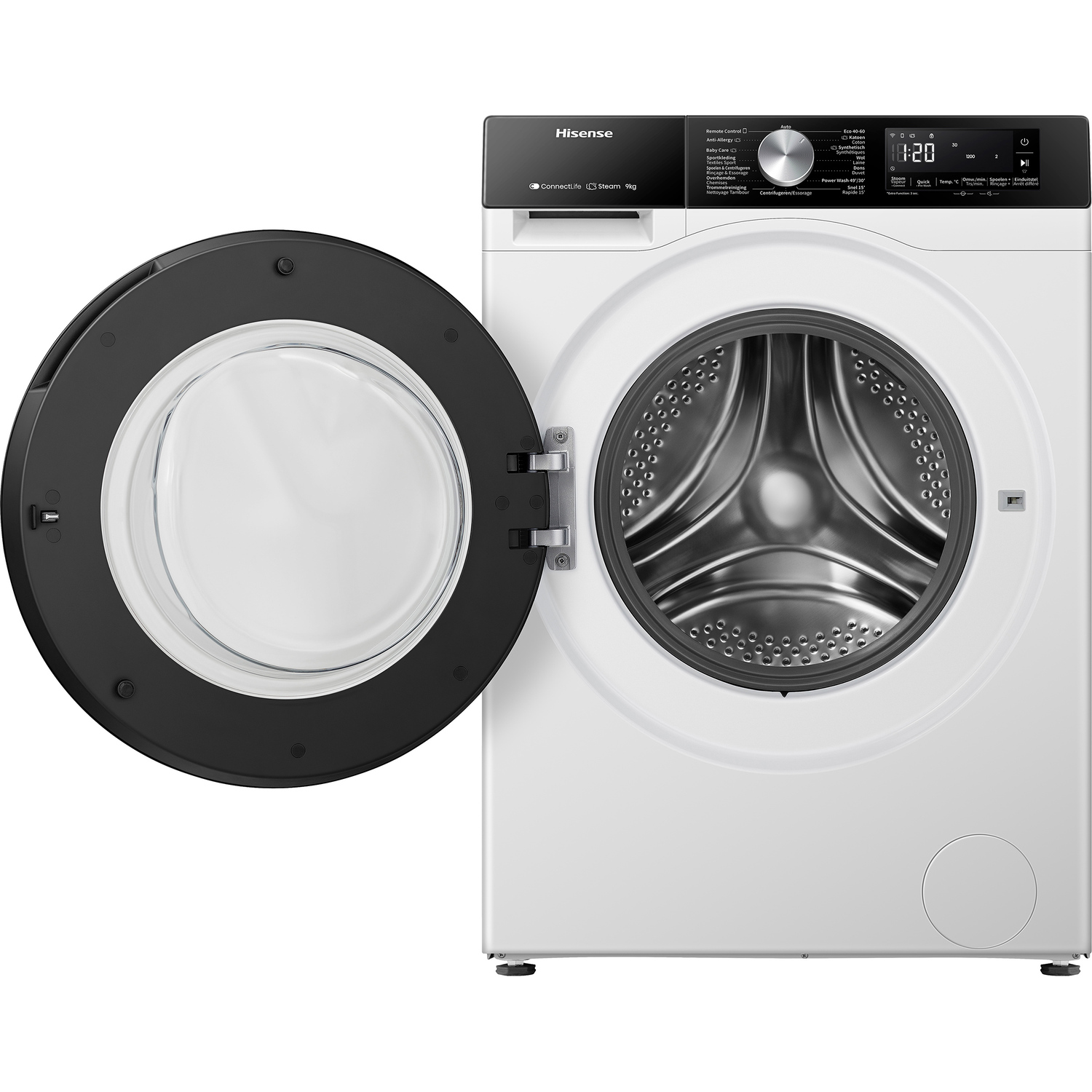 White washing machine with the door open, revealing the interior of the drum.