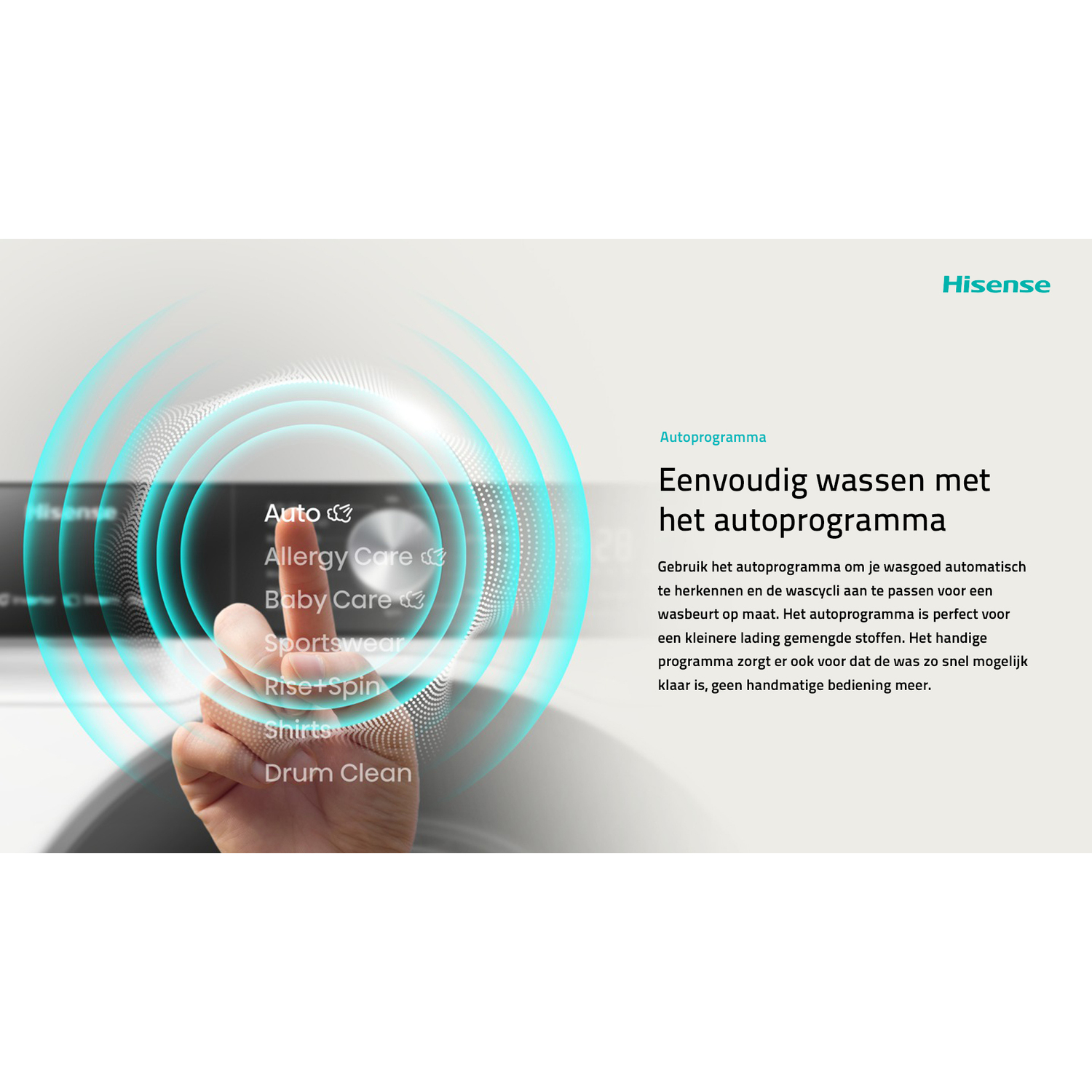 A Hisense washing machine ad shows a finger touching the control panel. It has auto and other settings.