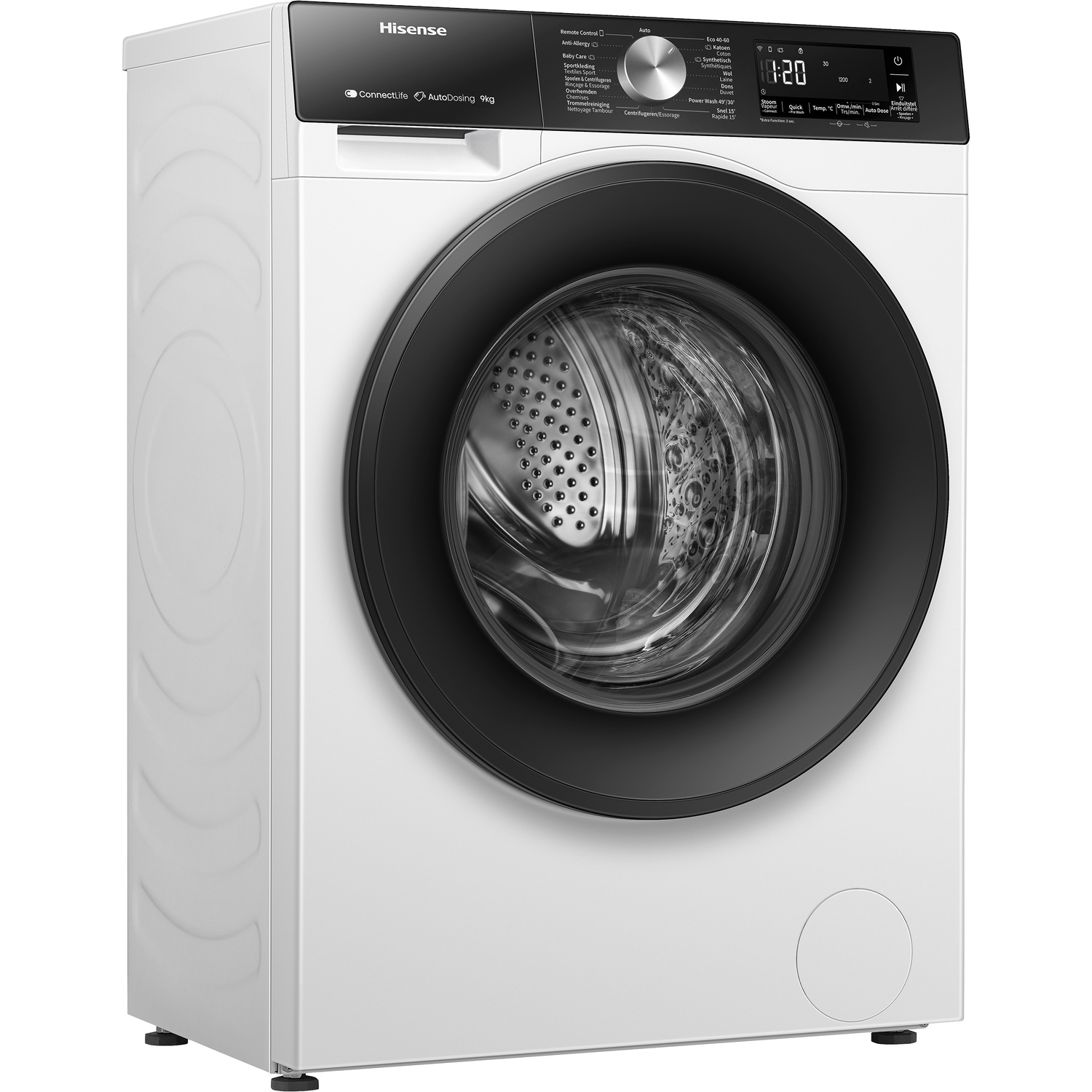 Een witte wasmachine met een zwarte deur en bedieningspaneel, met de tijd 1:20.