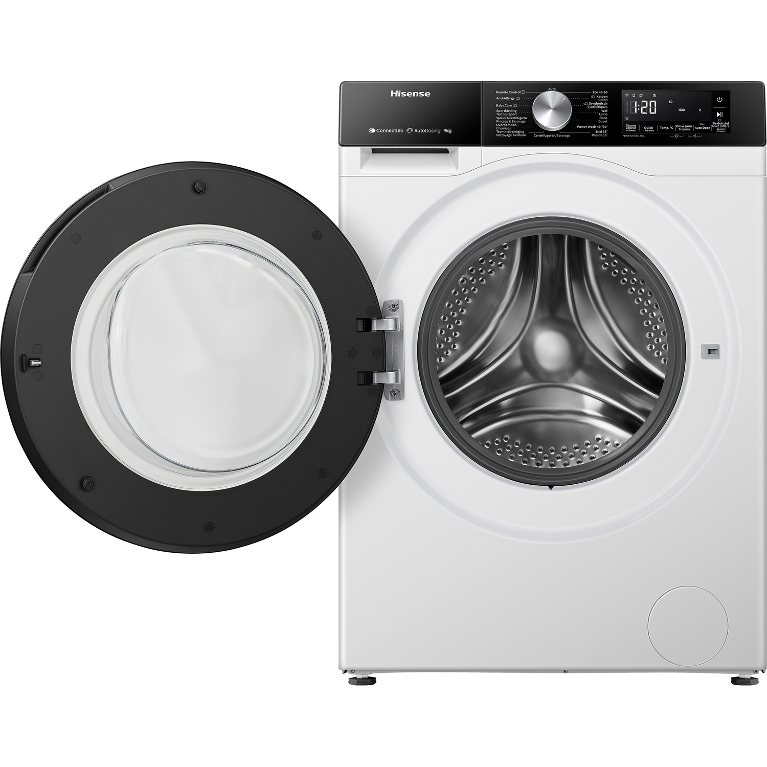 Witte Hisense wasmachine met de deur open.
