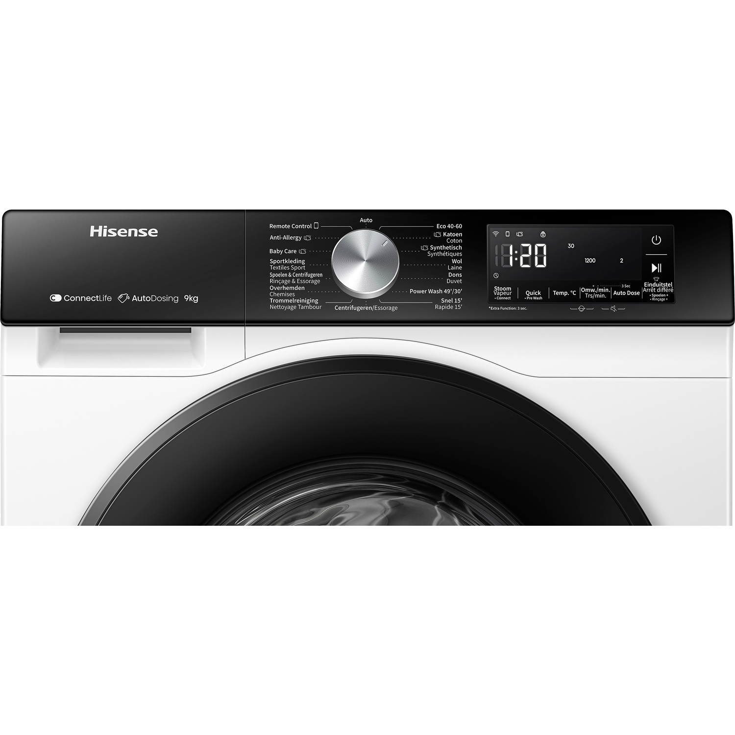Bedieningspaneel wasmachine met instellingen en tijd.