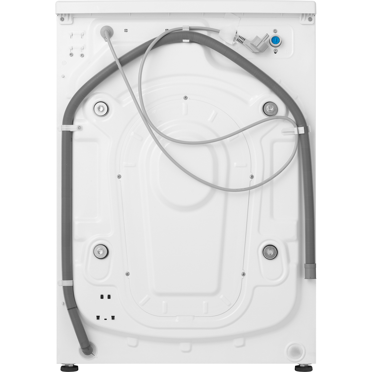 Achterkant van een witte wasmachine met slangen en aansluitingen.