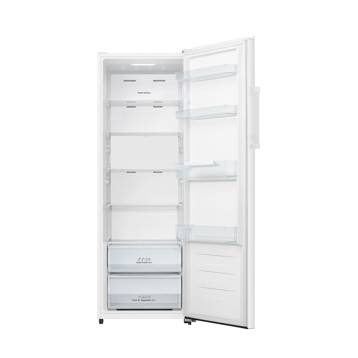 Witte koelkast met open deur, planken en laden.