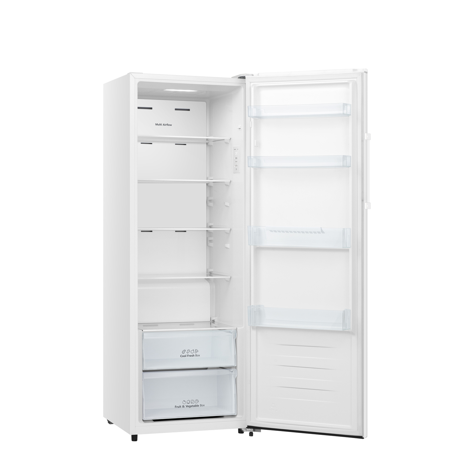 Witte koelkast met open deur die planken, lades en interieurdetails laat zien, witte achtergrond.