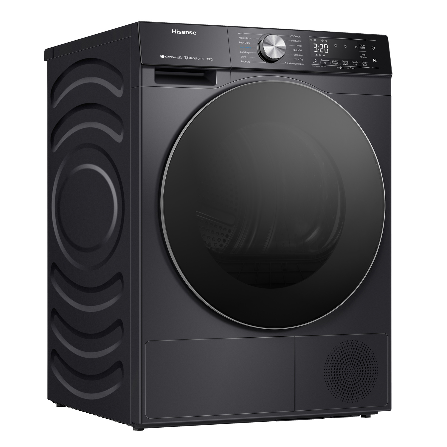 Een zwarte Hisense droger met een ronde deur, een bedieningspaneel en de woorden ConnectLife en HeatPump.