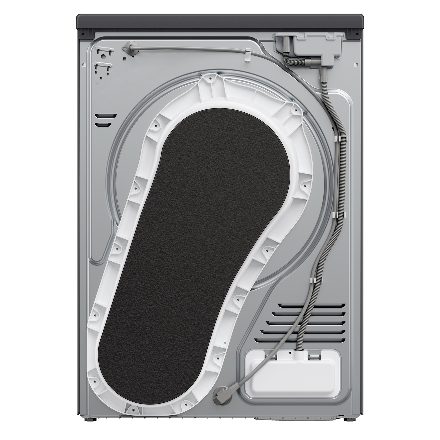 Achterkant van een zilveren wasmachine met interne onderdelen en een wit frame rond de opening.