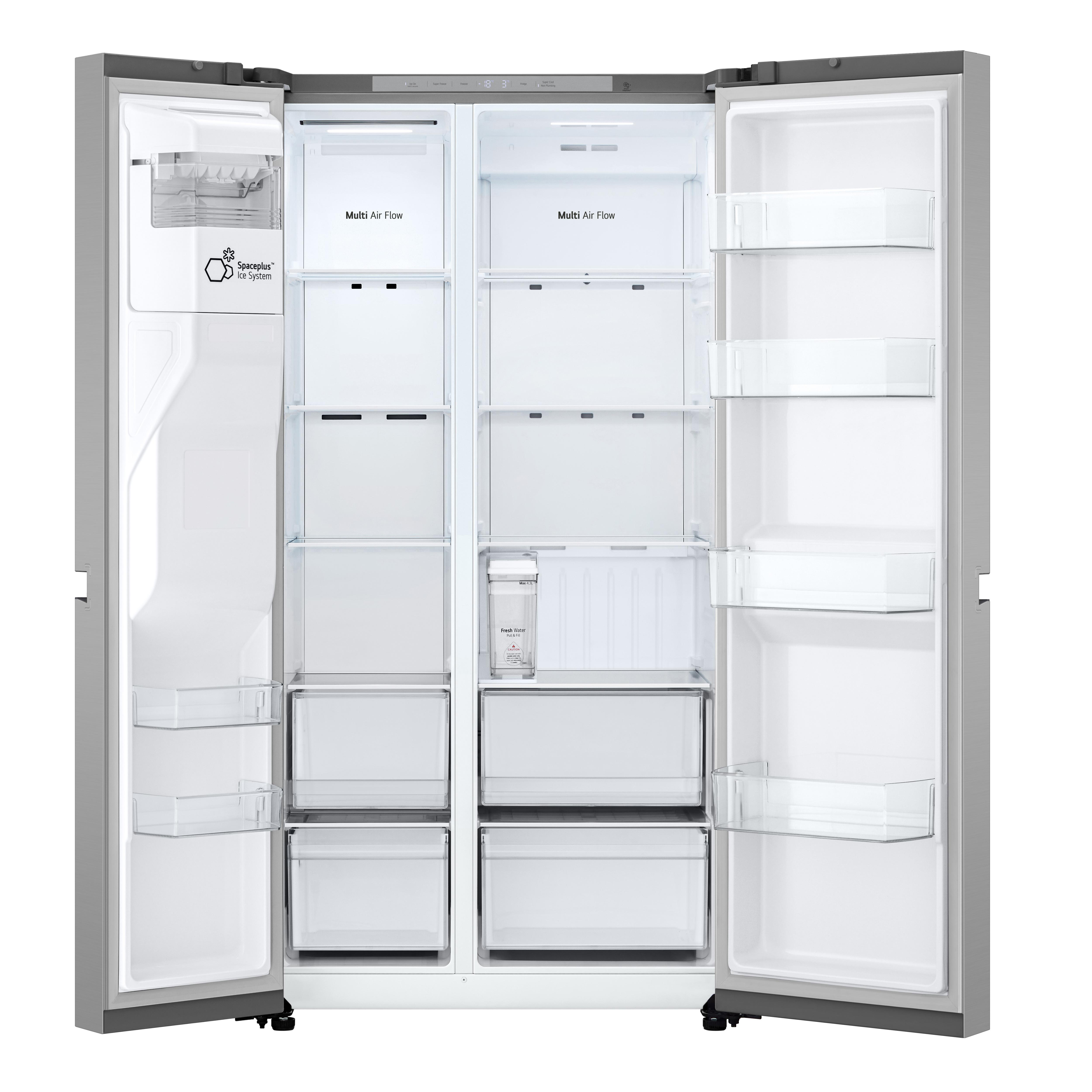 Ein Kühlschrank aus Edelstahl mit geöffneten Türen. Er hat Regale, Schubladen und einen Behälter. Der Hintergrund ist weiß.
