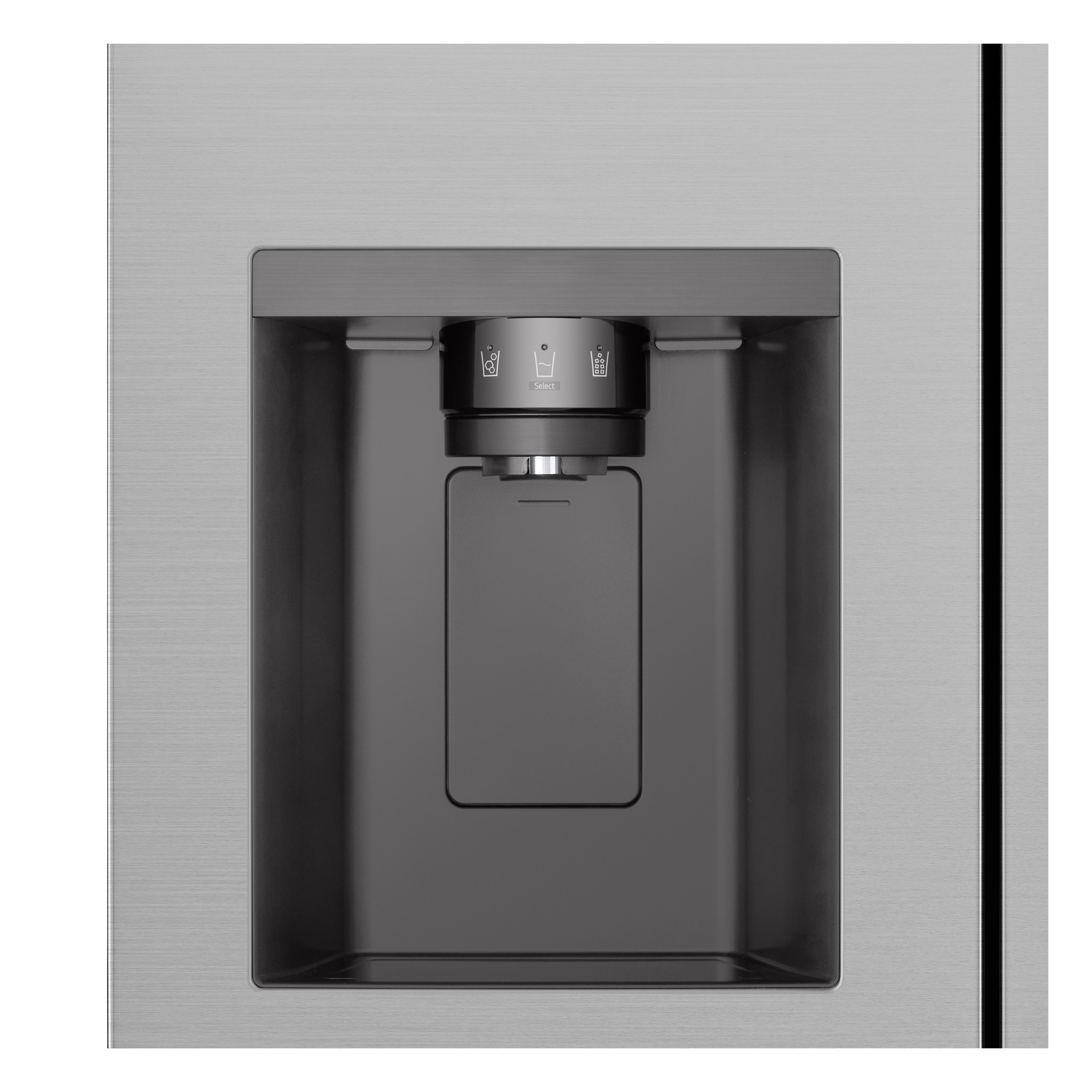 Edelstahl-Kühlschrank-Wasserspender mit schwarzem rechteckigem Bereich.