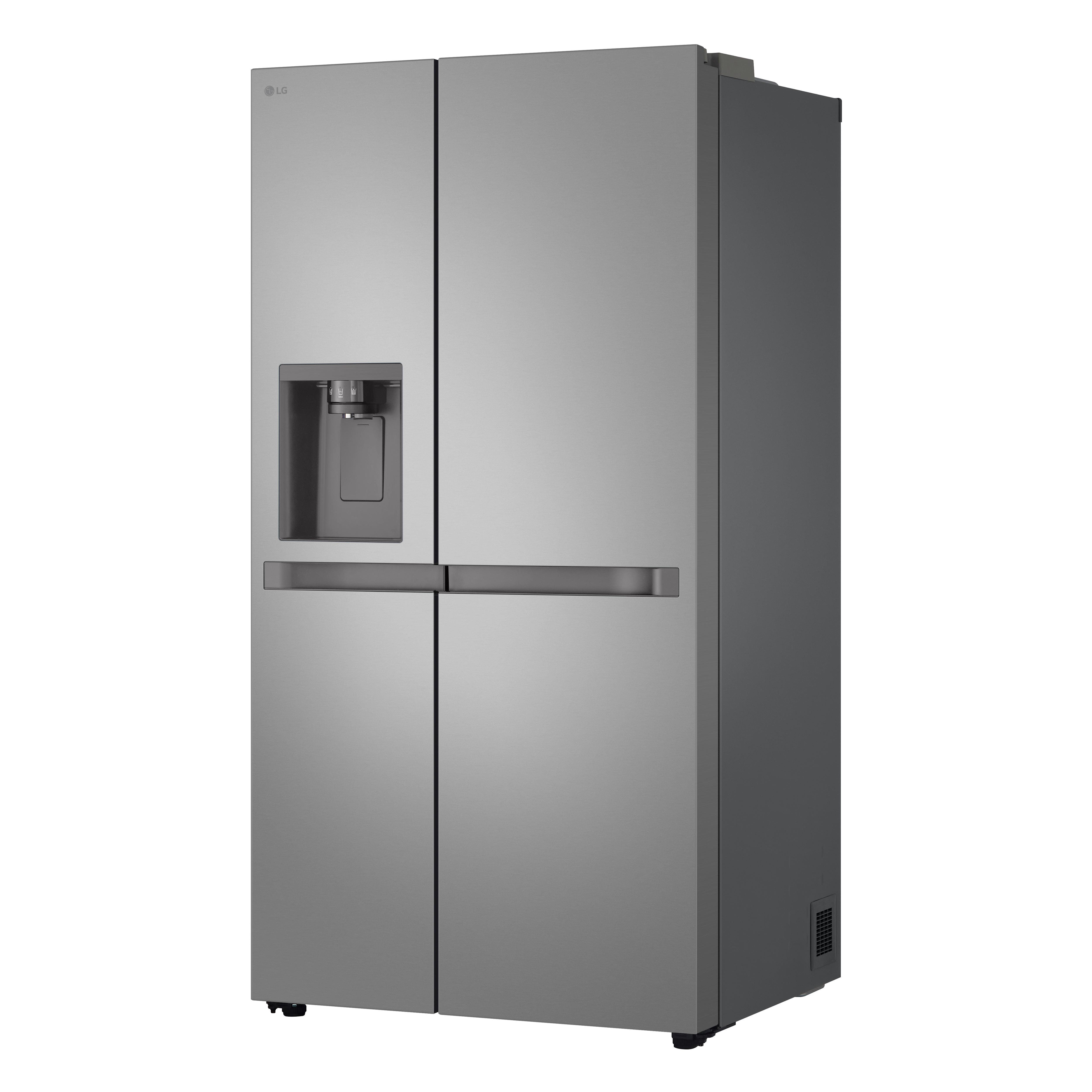 Ein Edelstahl-LG-Kühlschrank mit zwei Türen oben und zwei Türen unten.