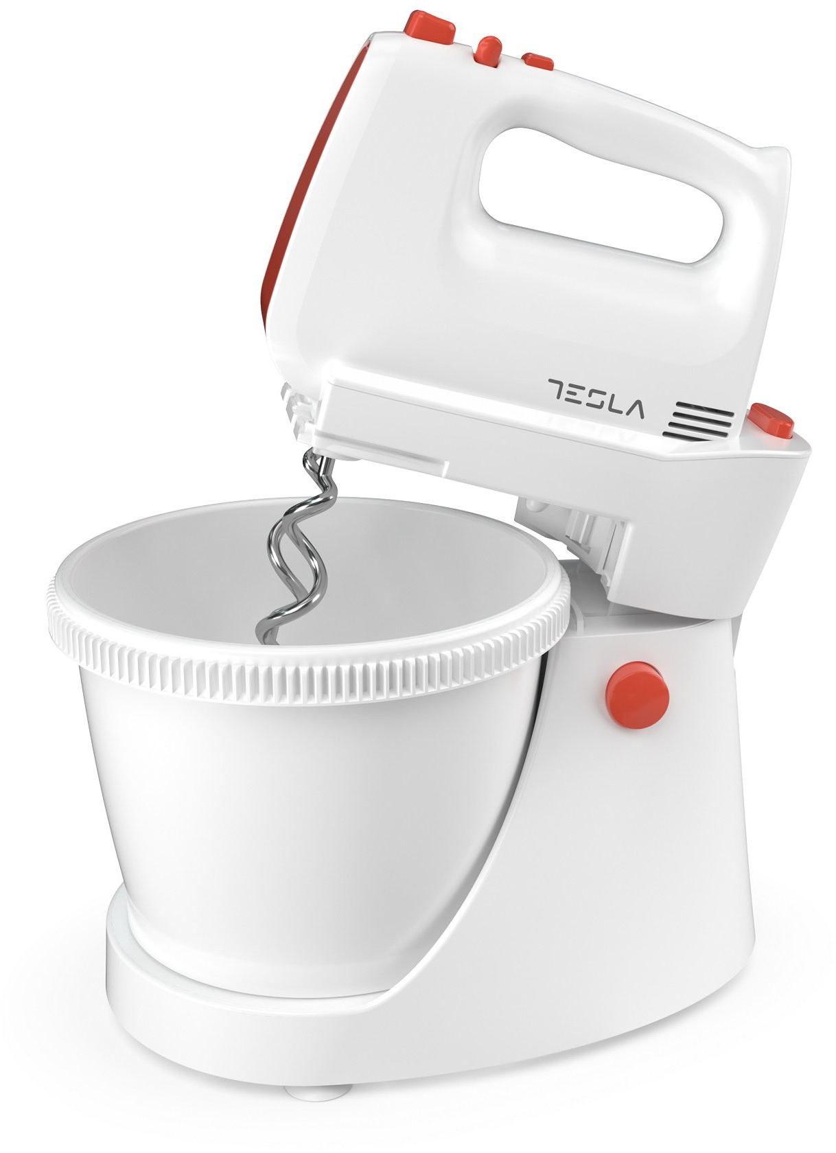 Fehér kézi mixer piros díszítéssel, tál, habverő fehér háttérrel.