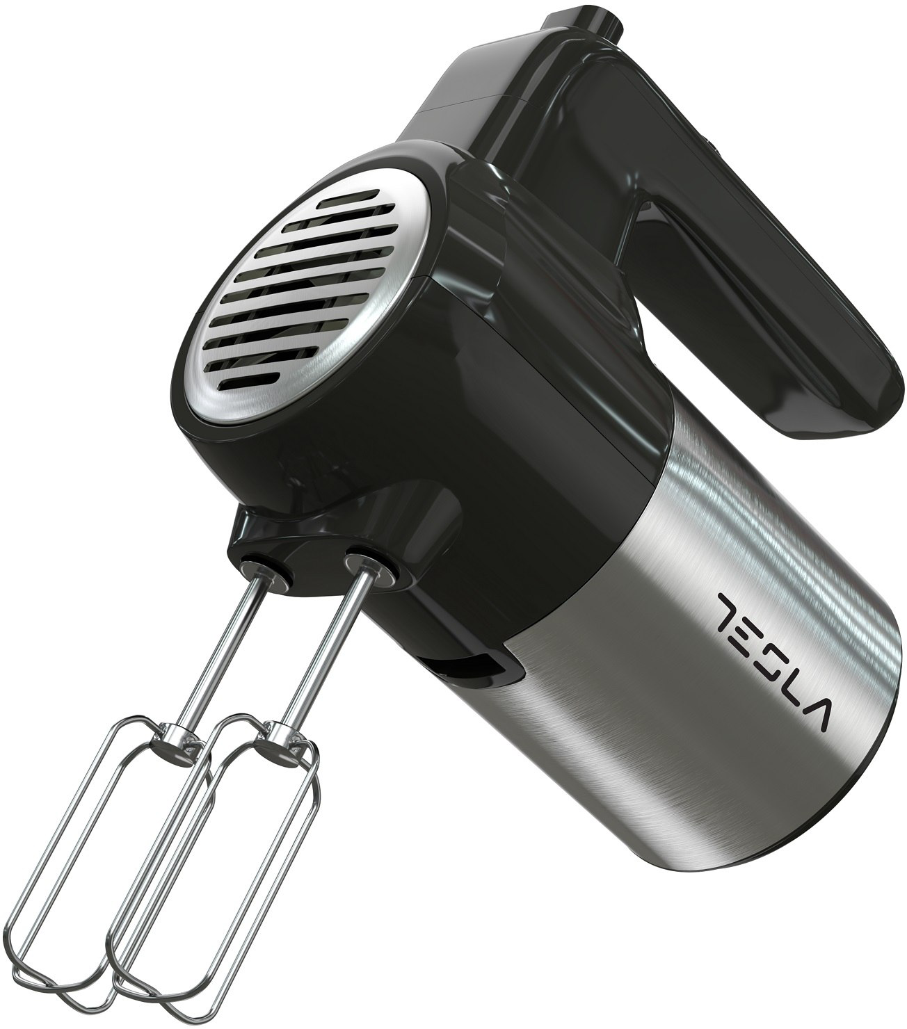 Fekete és ezüst Tesla kézi mixer. A habverők láthatók. A háttér fehér.