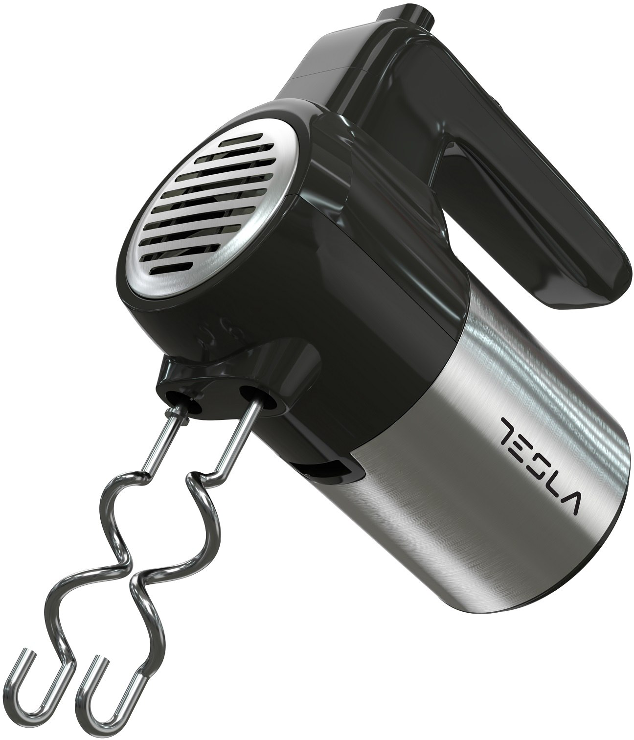 Fekete-ezüst kézi mixer a 'TESLA' felirattal.