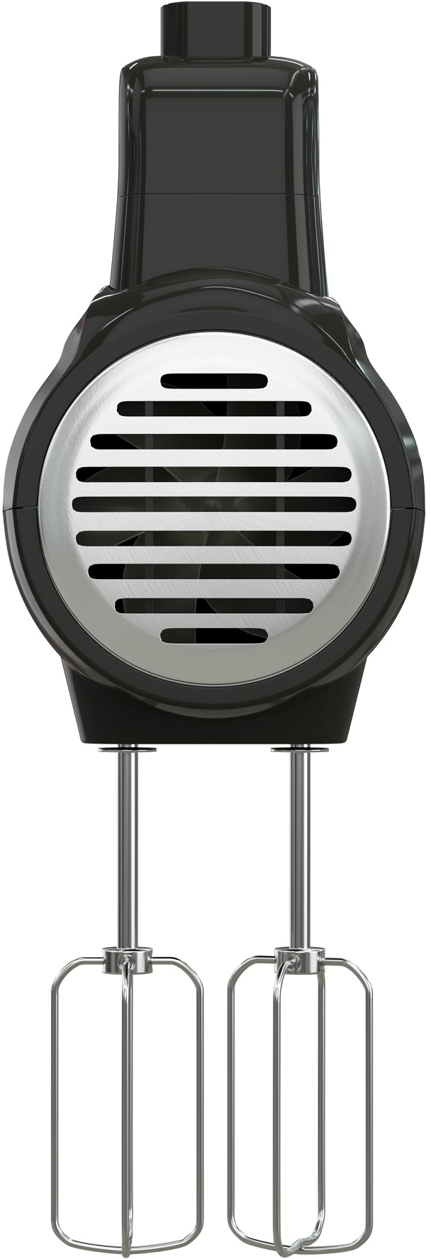 Fekete kézi mixer, felülnézet, ezüst szellőzőkkel és habverőkkel, fehér háttér előtt.