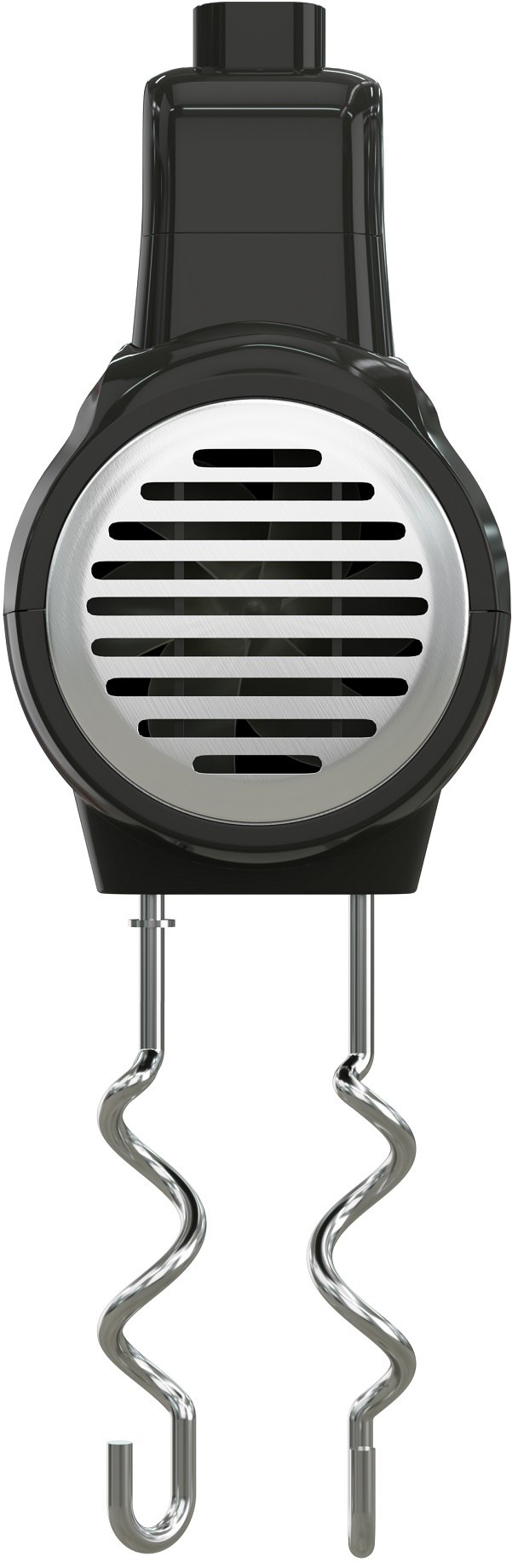 Kézi mixer fekete-ezüst dizájnnal, a mixert és a habverőket mutatva.
